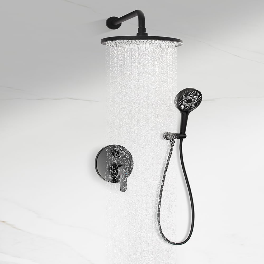Rainfall Shower System Matte Black High Pressure Shower Combo Kit 10 inch Shower Head and with Hand Held Hose Rough-in Valve and Shower Trim Included Bathroom