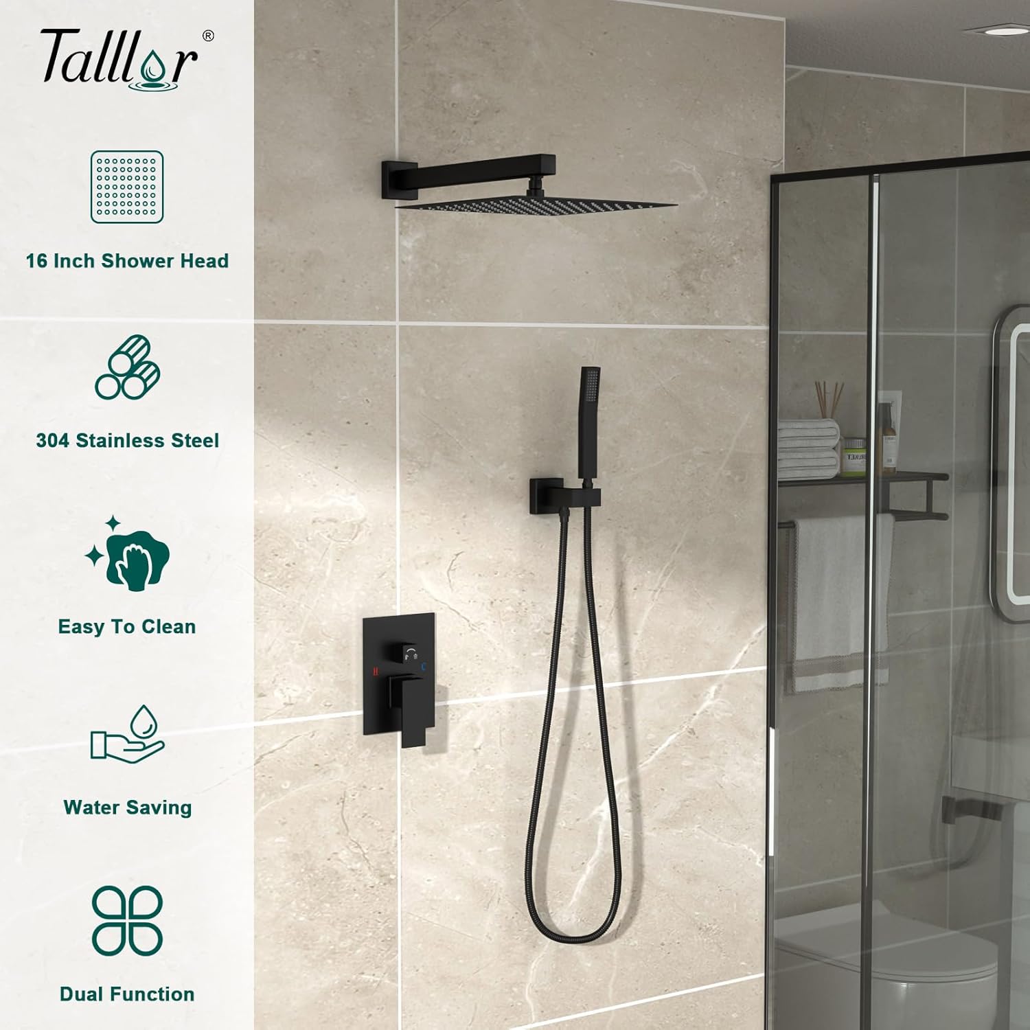 Shower System - 10 Inch Shower Faucet Set Black Shower Head And Handle Set Rainfall Wall Mounted Shower Fixtures Shower Valve And Trim Kit, Black #TLSH-806