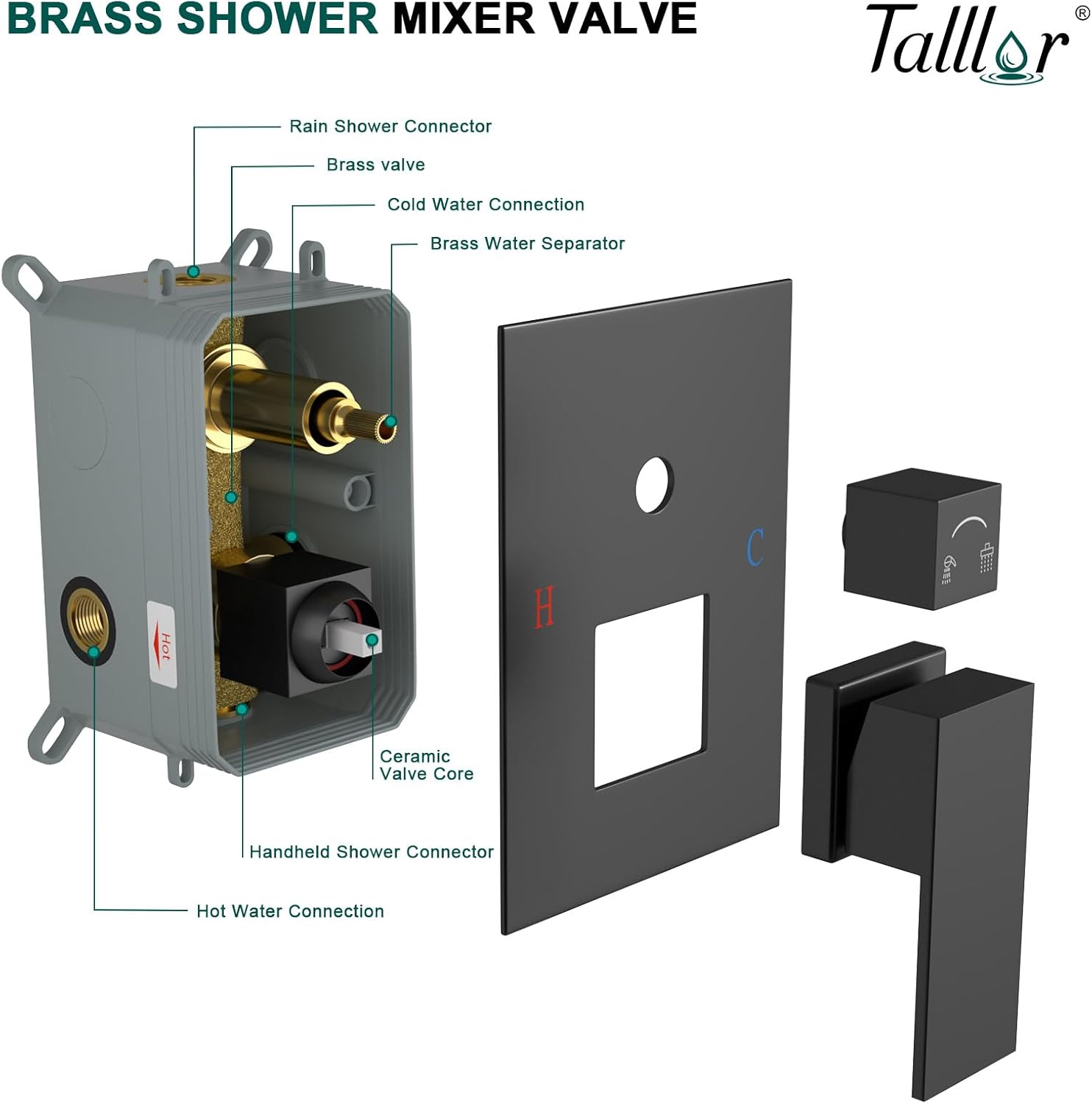 Shower System - 10 Inch Shower Faucet Set Black Shower Head And Handle Set Rainfall Wall Mounted Shower Fixtures Shower Valve And Trim Kit, Black #TLSH-806