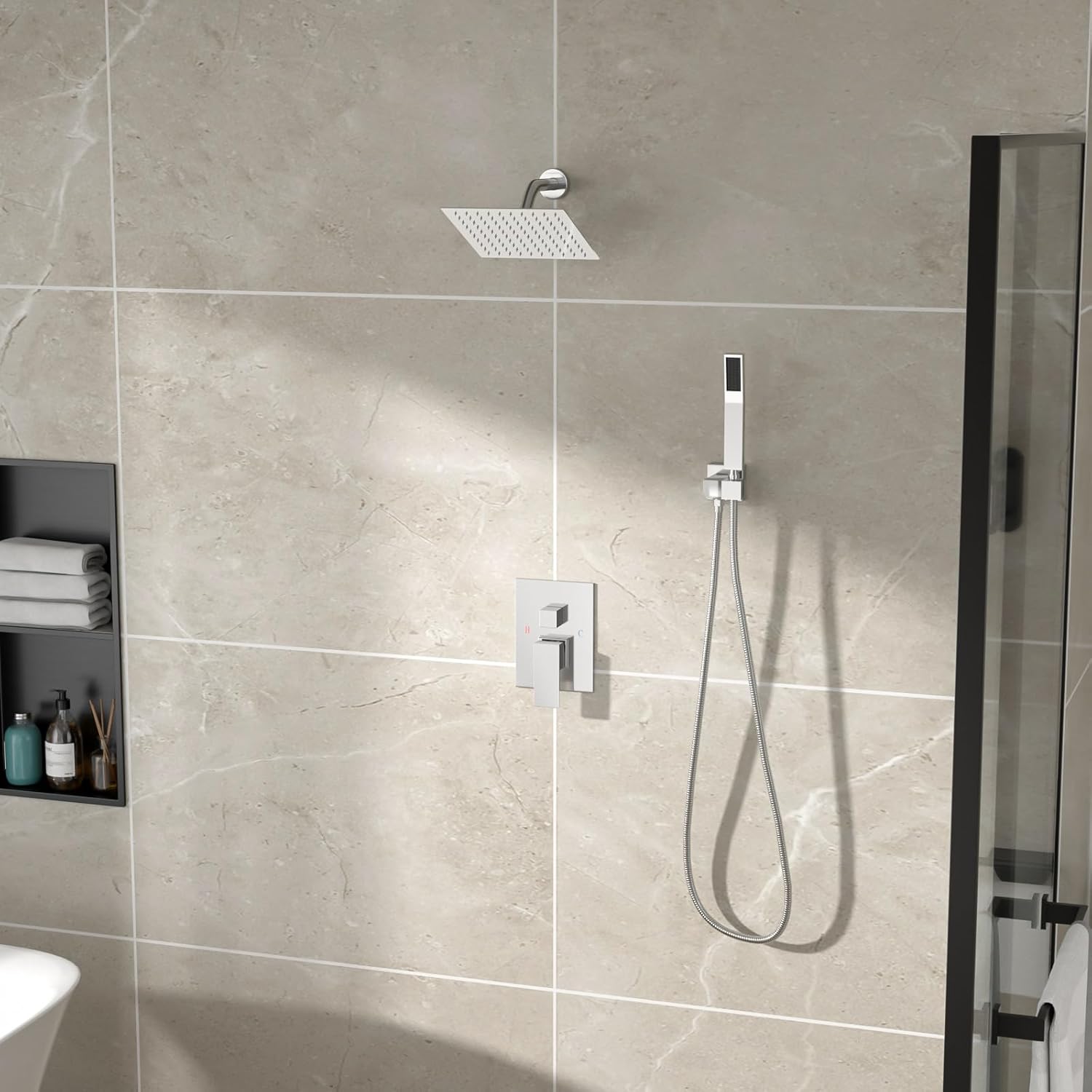 Shower System - 10 Inch Shower Faucet Set Black Shower Head And Handle Set Rainfall Wall Mounted Shower Fixtures Shower Valve And Trim Kit, Black #TLSH-806