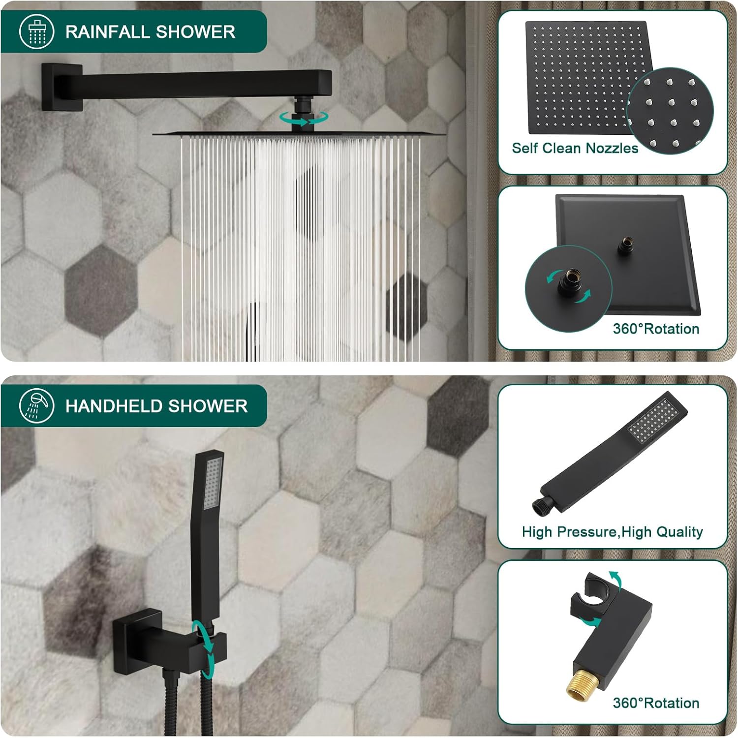 Shower System - 10 Inch Shower Faucet Set Black Shower Head And Handle Set Rainfall Wall Mounted Shower Fixtures Shower Valve And Trim Kit, Black #TLSH-806