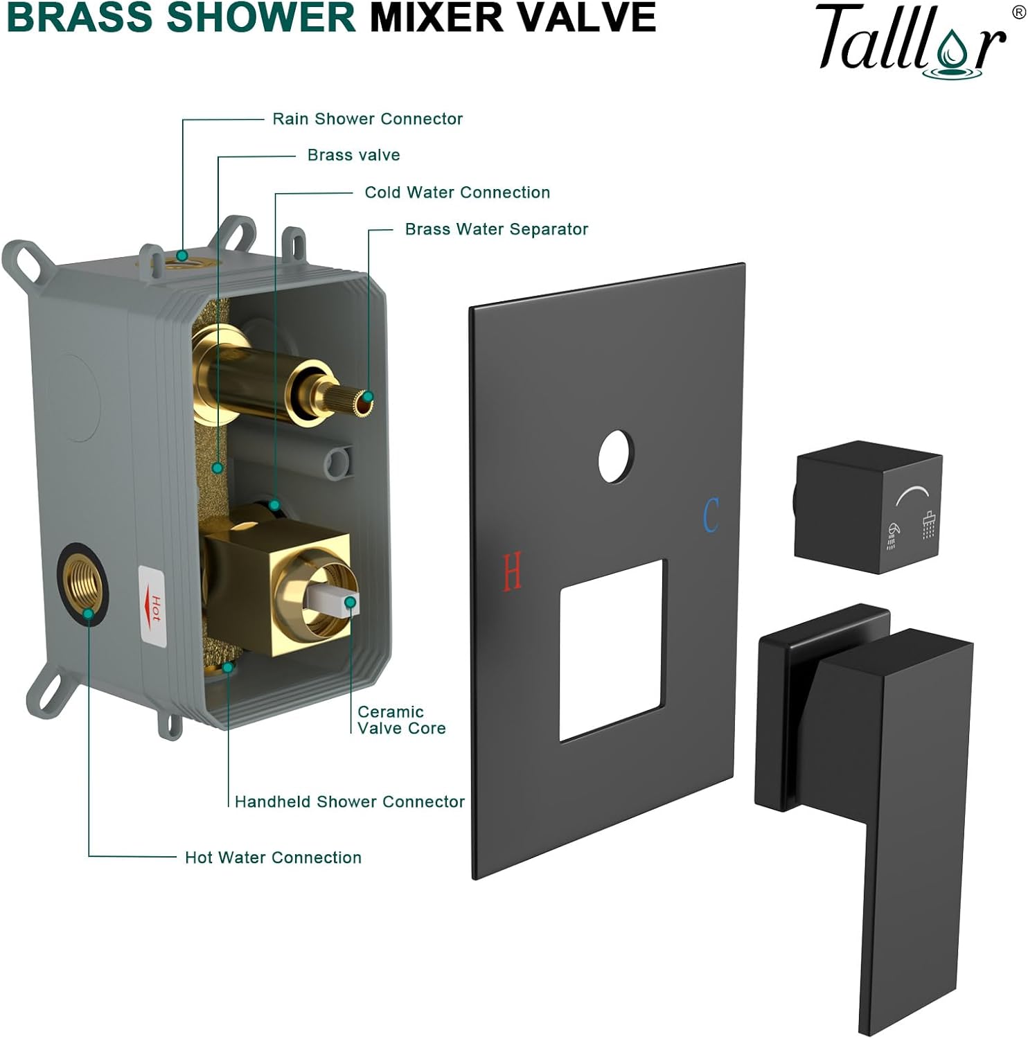 Shower System - 10 Inch Shower Faucet Set Black Shower Head And Handle Set Rainfall Wall Mounted Shower Fixtures Shower Valve And Trim Kit, Black #TLSH-806