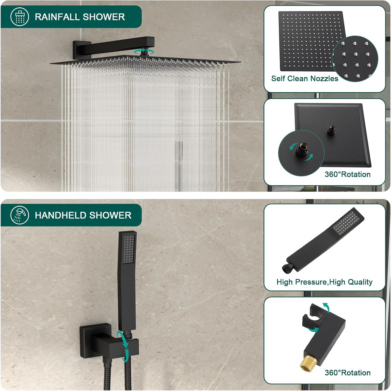 Shower System - 10 Inch Shower Faucet Set Black Shower Head And Handle Set Rainfall Wall Mounted Shower Fixtures Shower Valve And Trim Kit, Black #TLSH-806