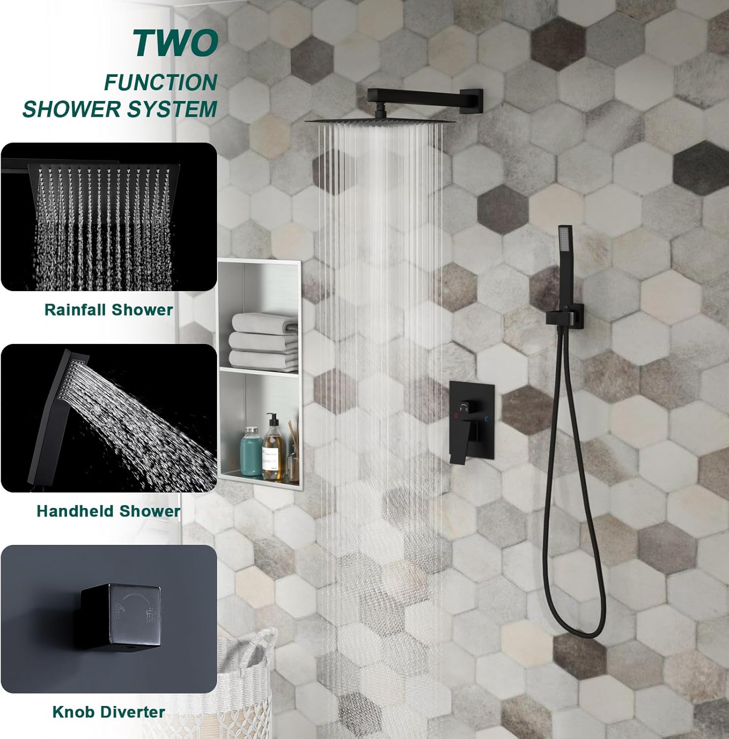 Shower System - 10 Inch Shower Faucet Set Black Shower Head And Handle Set Rainfall Wall Mounted Shower Fixtures Shower Valve And Trim Kit, Black #TLSH-806