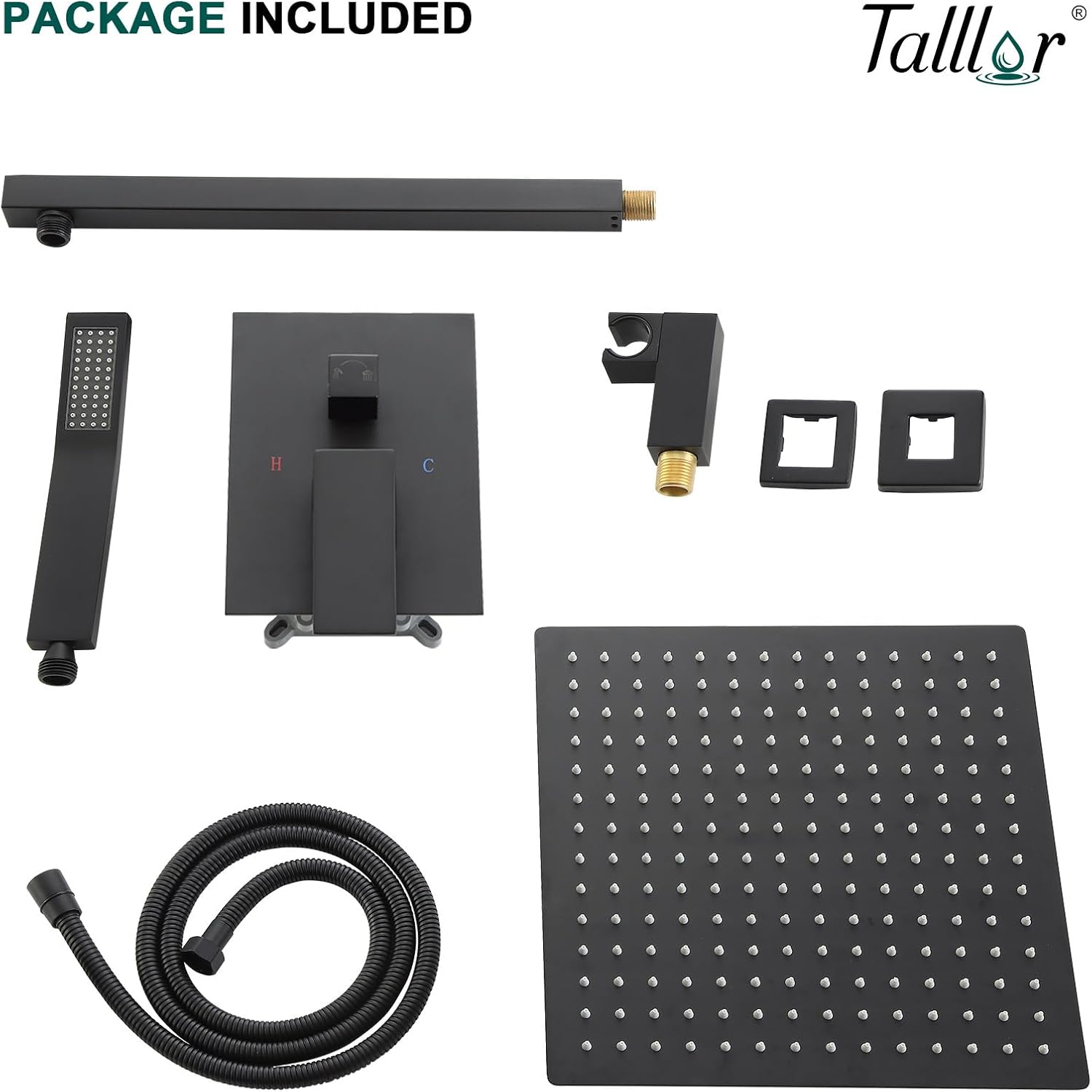 Shower System - 10 Inch Shower Faucet Set Black Shower Head And Handle Set Rainfall Wall Mounted Shower Fixtures Shower Valve And Trim Kit, Black #TLSH-806