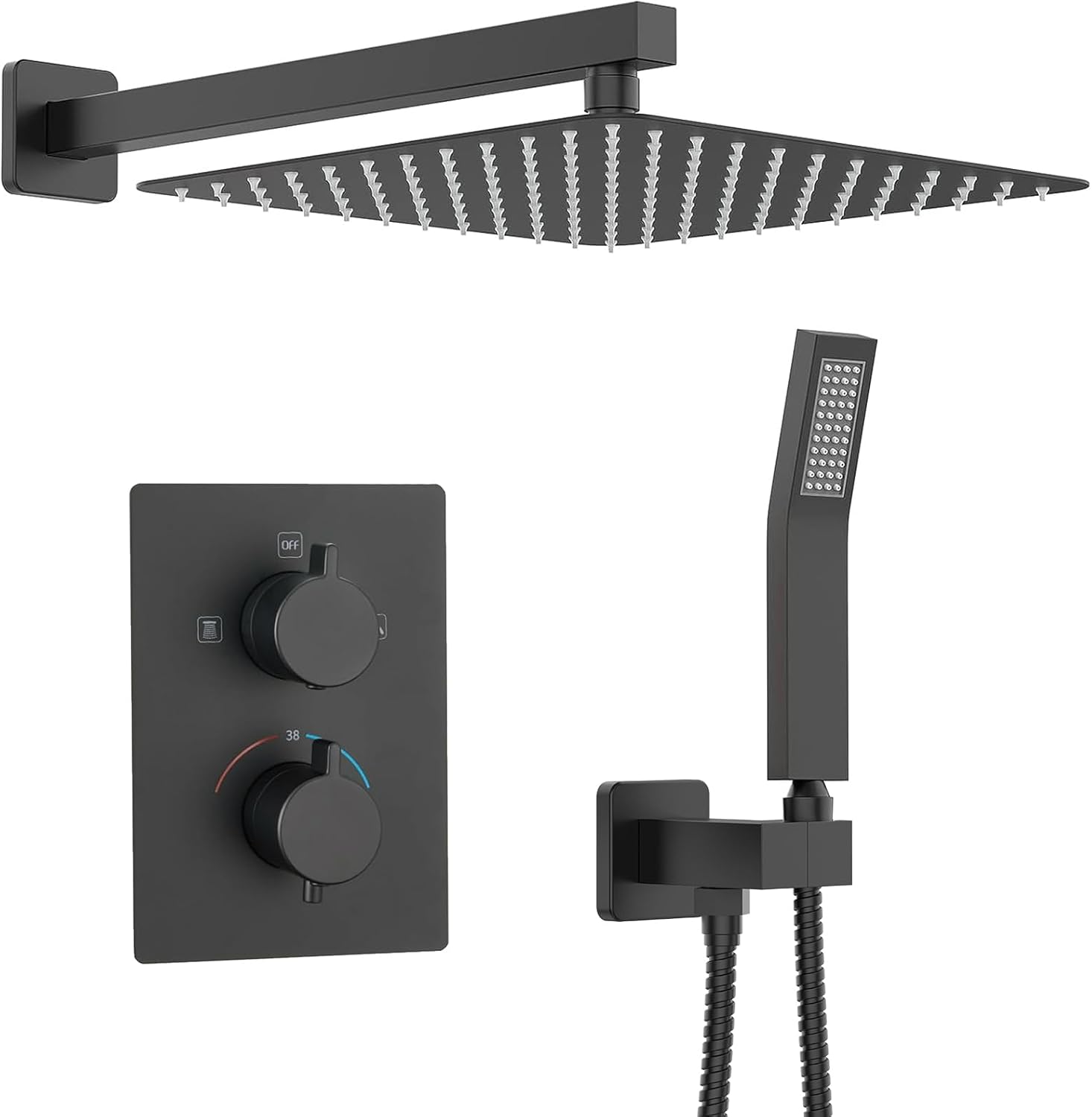 Kojox Thermostatic Shower System - Premium 12-Inch Rainfall Shower Head & Handheld - Complete Bathroom Shower Set with Faucet Mixer Trim Kit & Valve, Matte Black Finish