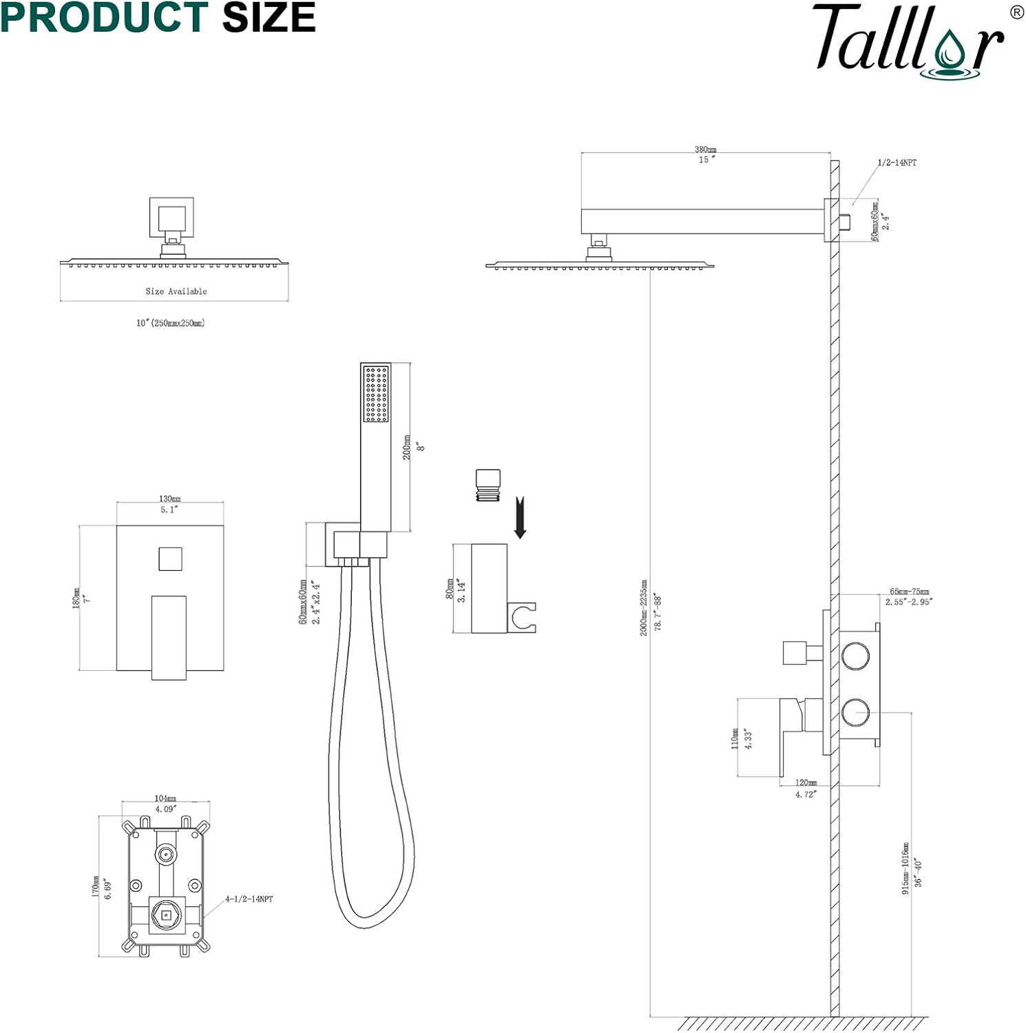 Shower System - 10 Inch Shower Faucet Set Black Shower Head And Handle Set Rainfall Wall Mounted Shower Fixtures Shower Valve And Trim Kit, Black #TLSH-806