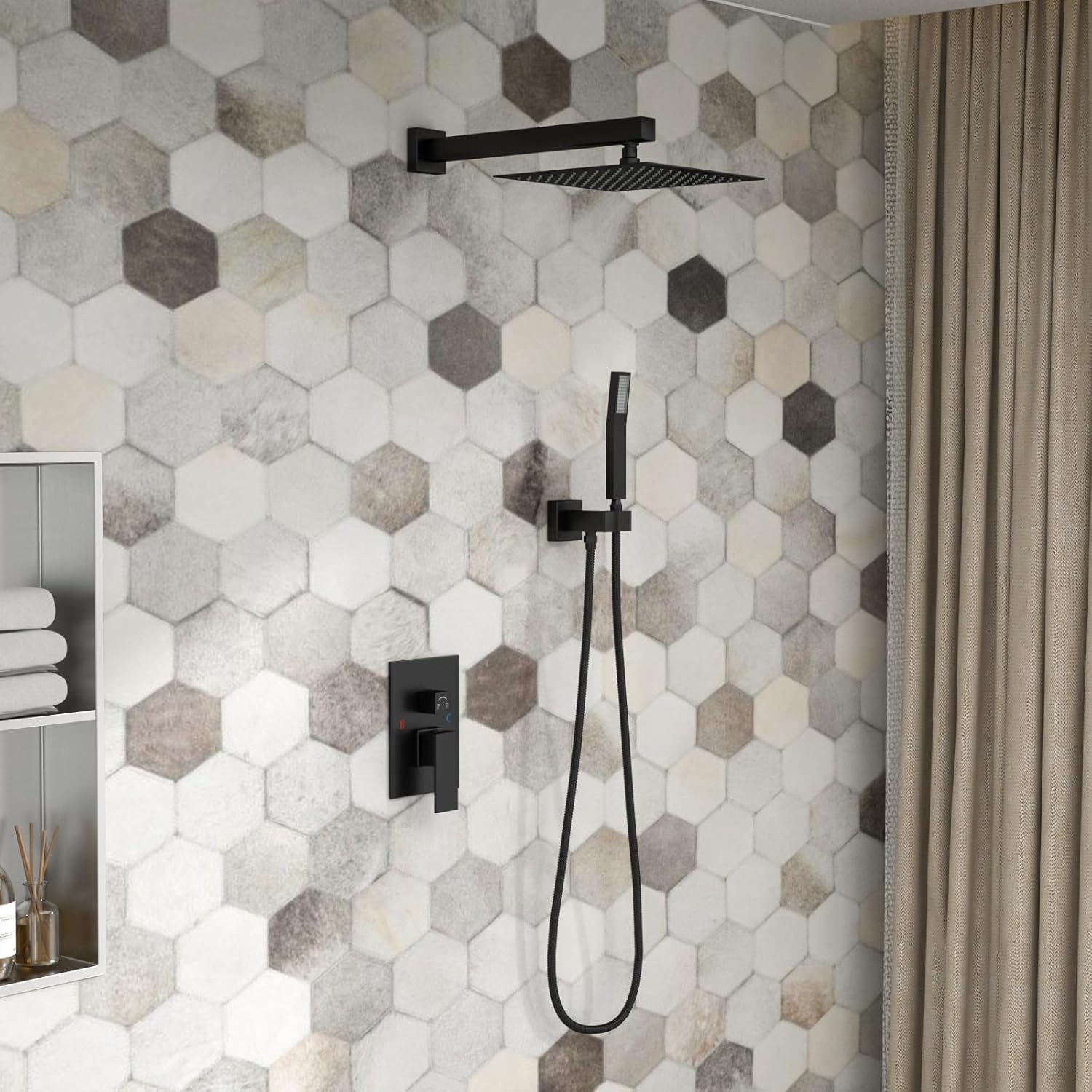 Shower System - 10 Inch Shower Faucet Set Black Shower Head And Handle Set Rainfall Wall Mounted Shower Fixtures Shower Valve And Trim Kit, Black #TLSH-806