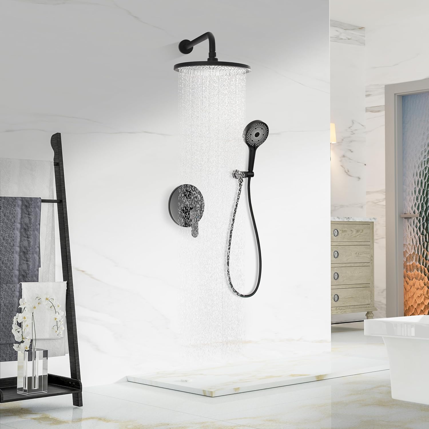 Rainfall Shower System Matte Black High Pressure Shower Combo Kit 10 inch Shower Head and with Hand Held Hose Rough-in Valve and Shower Trim Included Bathroom