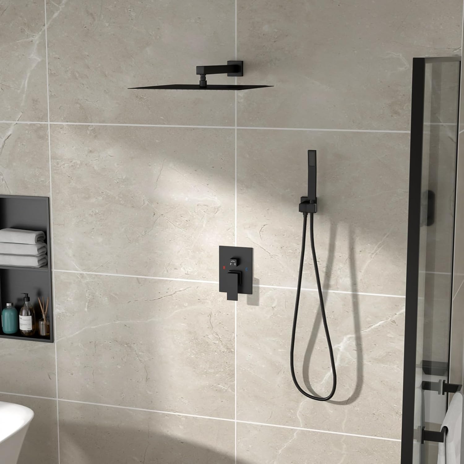 Shower System - 10 Inch Shower Faucet Set Black Shower Head And Handle Set Rainfall Wall Mounted Shower Fixtures Shower Valve And Trim Kit, Black #TLSH-806