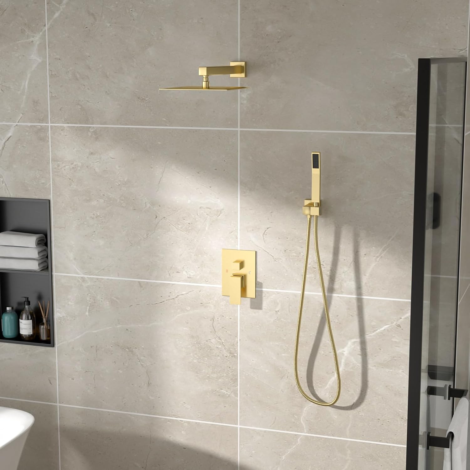 Shower System - 10 Inch Shower Faucet Set Black Shower Head And Handle Set Rainfall Wall Mounted Shower Fixtures Shower Valve And Trim Kit, Black #TLSH-806