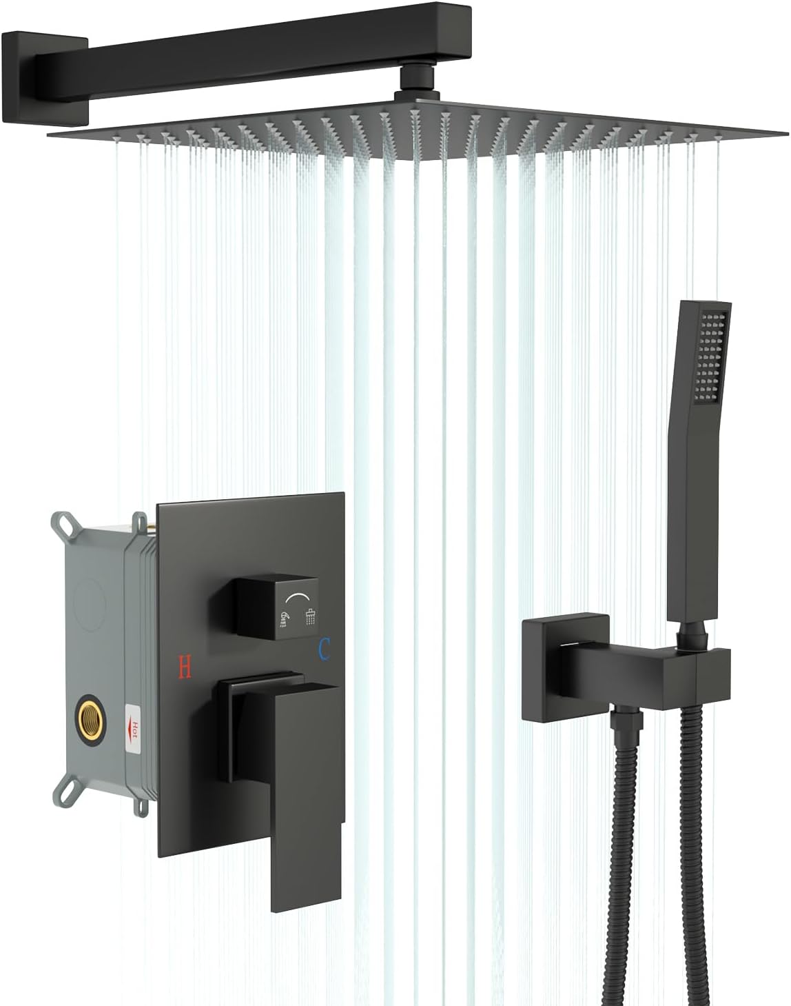 Shower System - 10 Inch Shower Faucet Set Black Shower Head And Handle Set Rainfall Wall Mounted Shower Fixtures Shower Valve And Trim Kit, Black #TLSH-806