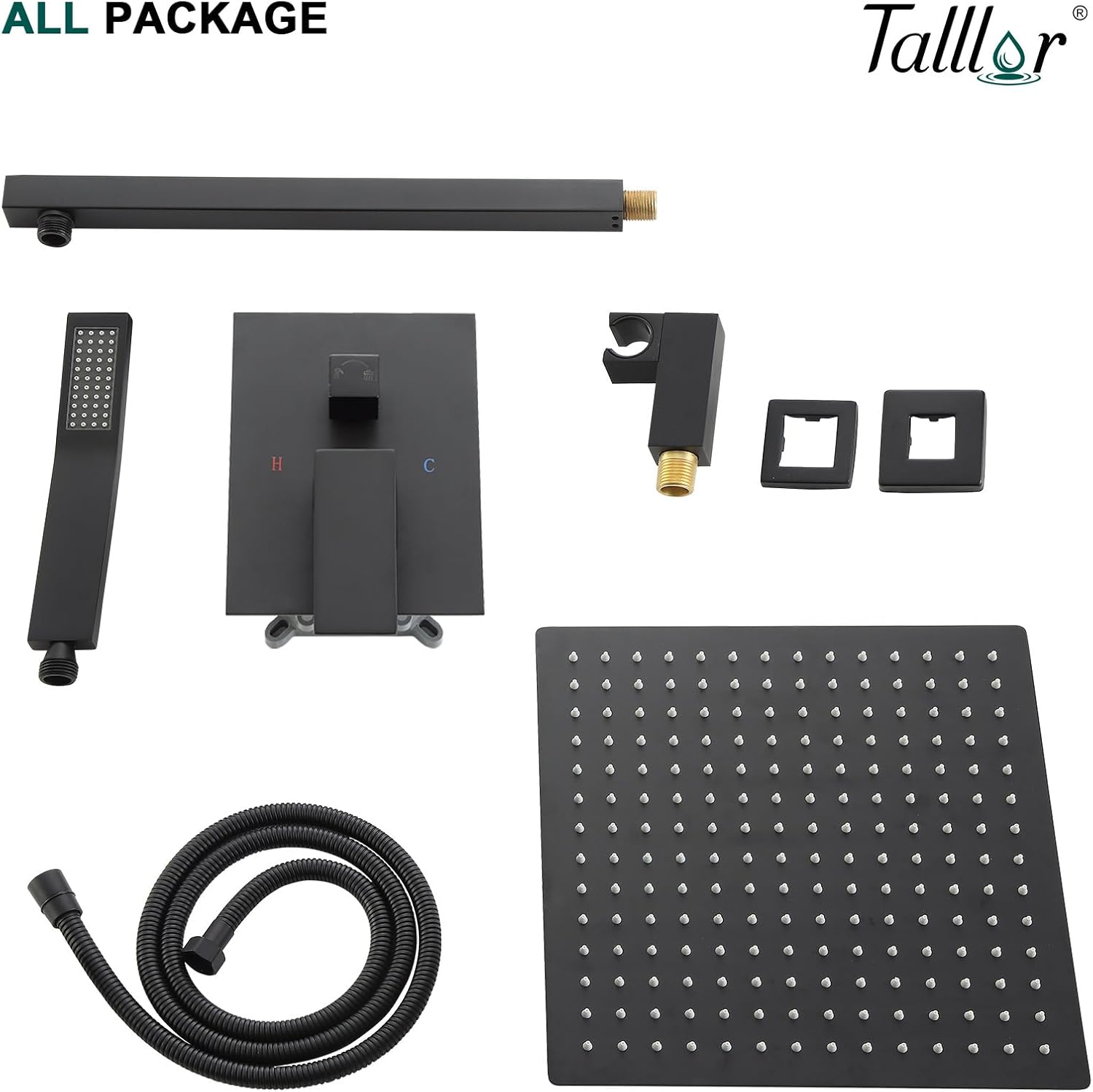 Shower System - 10 Inch Shower Faucet Set Black Shower Head And Handle Set Rainfall Wall Mounted Shower Fixtures Shower Valve And Trim Kit, Black #TLSH-806