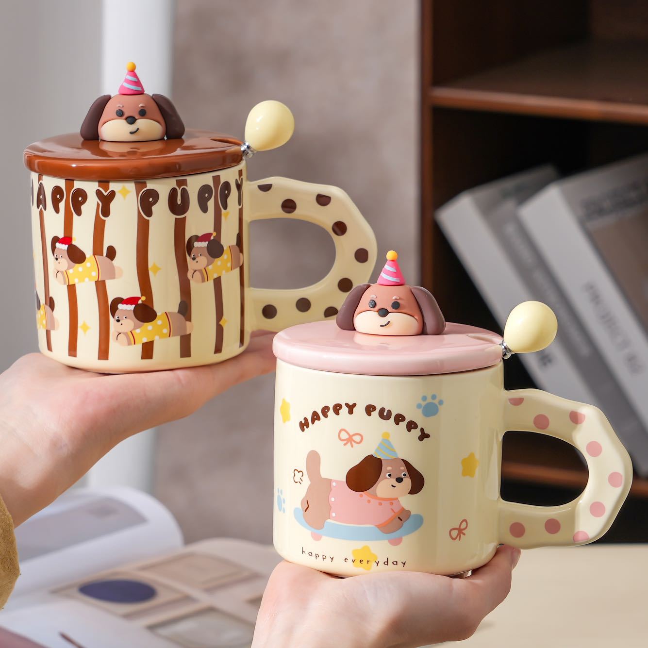 Puppy Pattern Mug with Lid and Handle