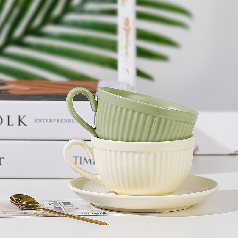 Ribbed Tea Cup Set with Saucer and Spoon