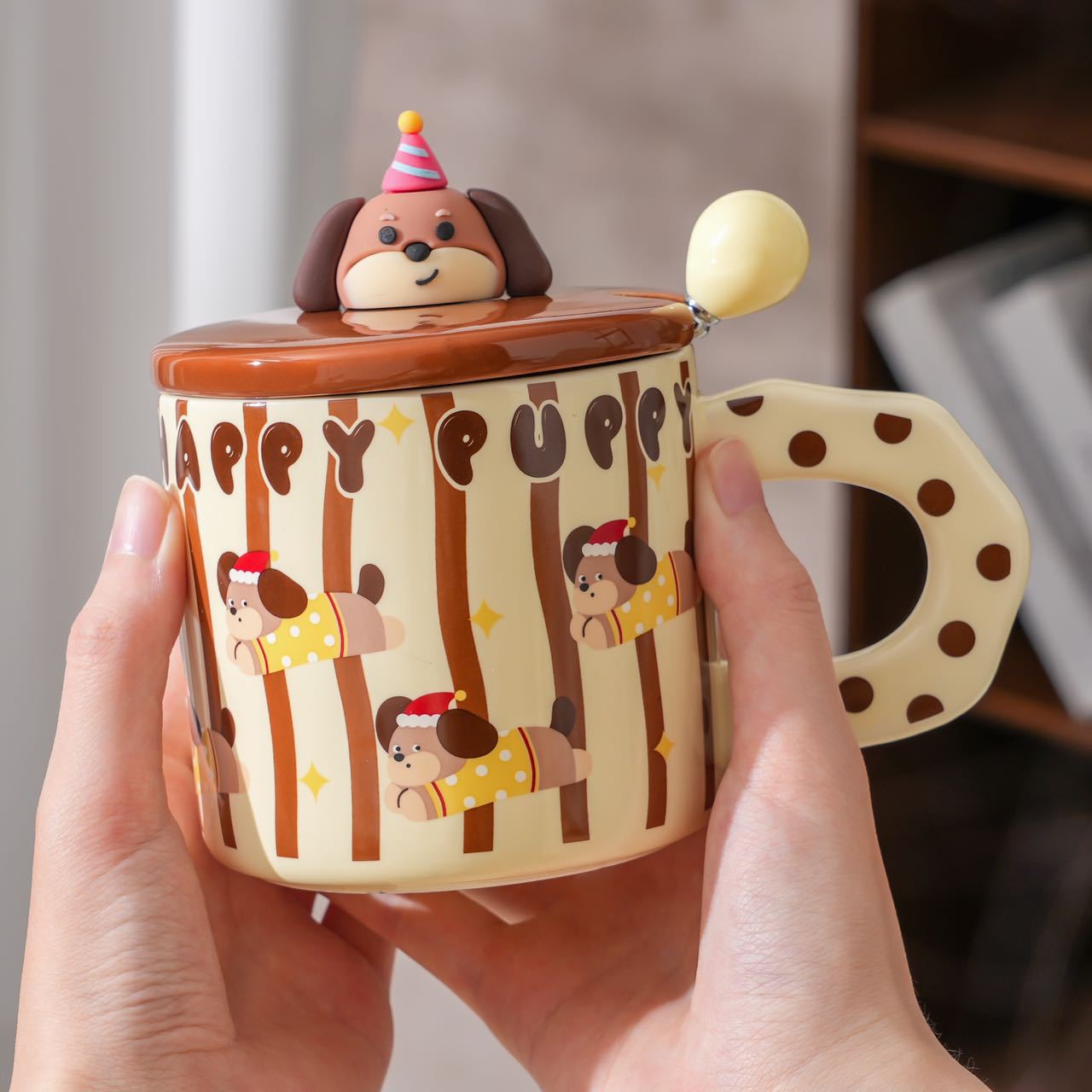 Puppy Pattern Mug with Lid and Handle