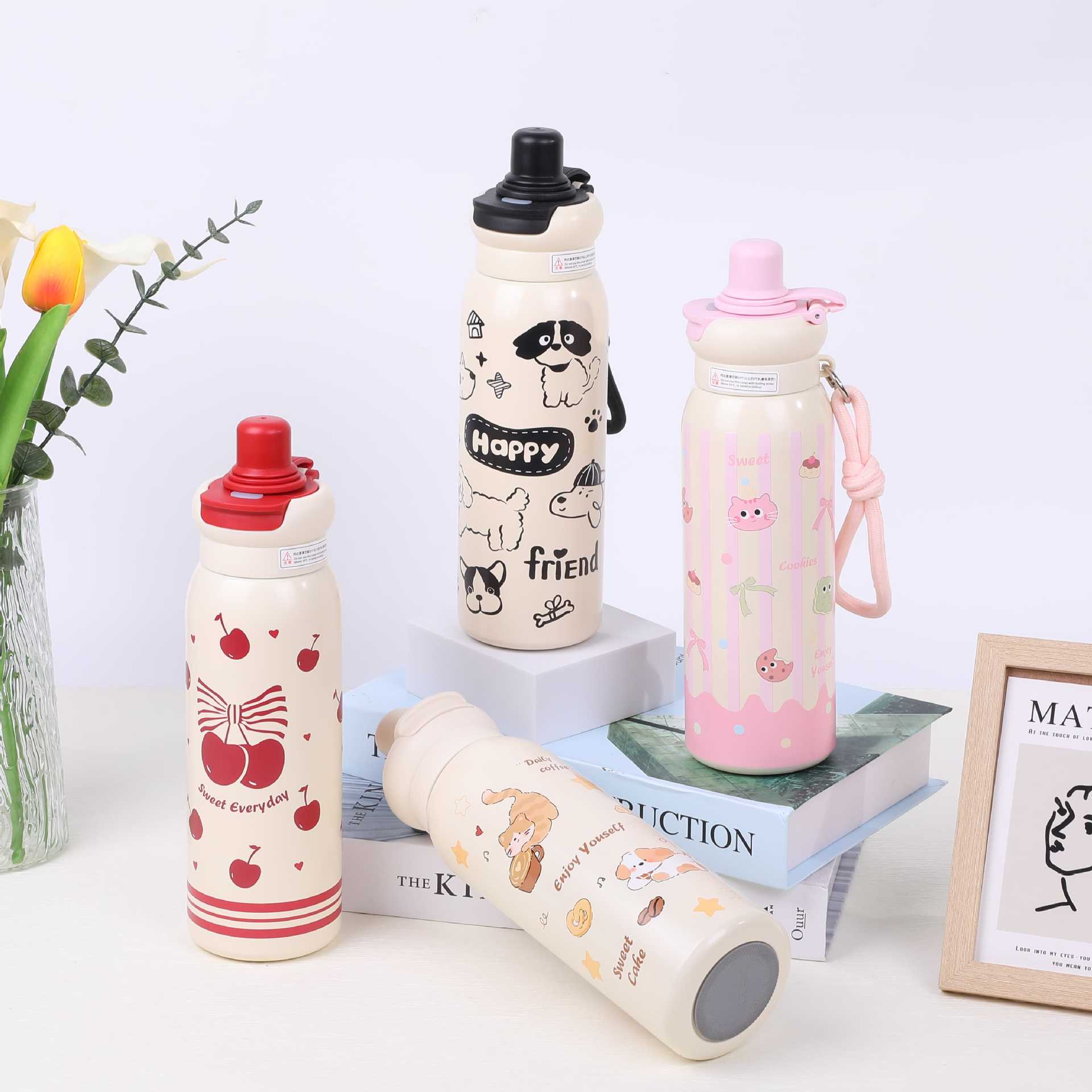 Cherry Pattern Water Bottle with Strap