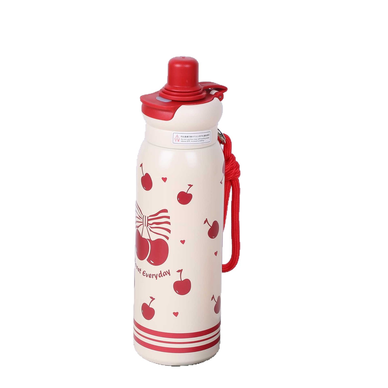 Cherry Pattern Water Bottle with Strap