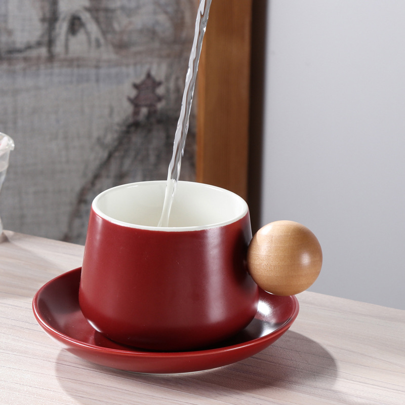 Ceramic Cup and Saucer with Wooden Handle