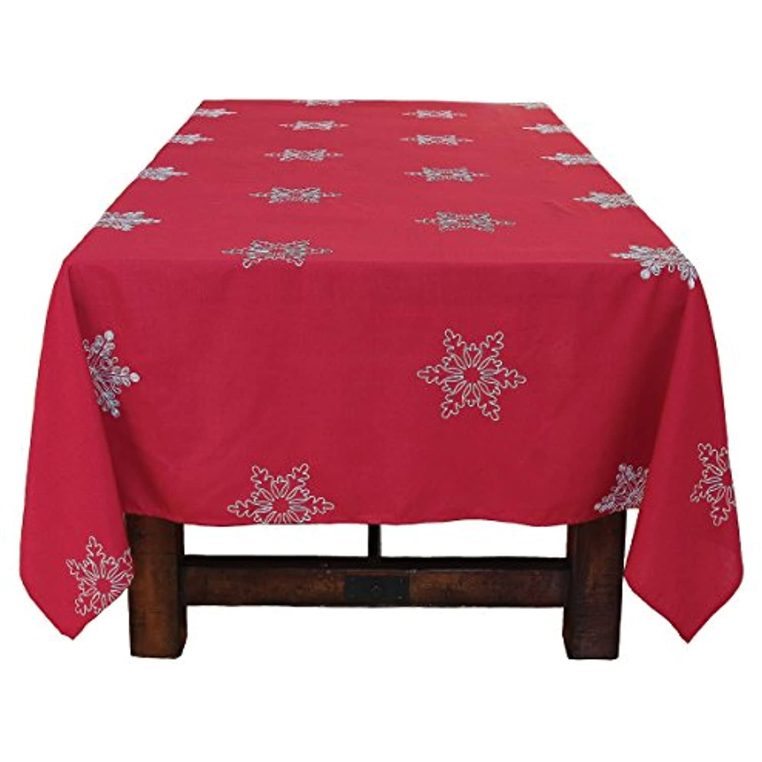 Xia Home Fashions Snowy Noel Embroidered Snowflake Christmas Tablecloth, Red