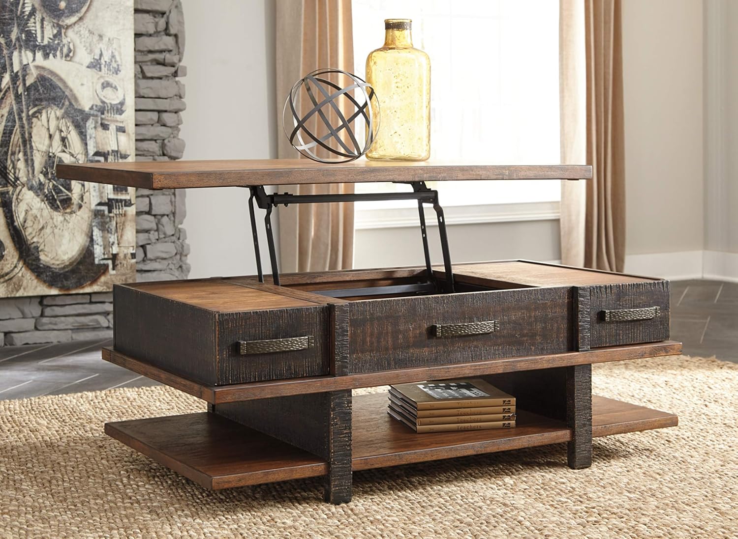 Signature Design by Ashley Stanah Rustic Chair Side End Table with 2 Outlets & 2 USB Charging Ports, Two-Tone Brown
