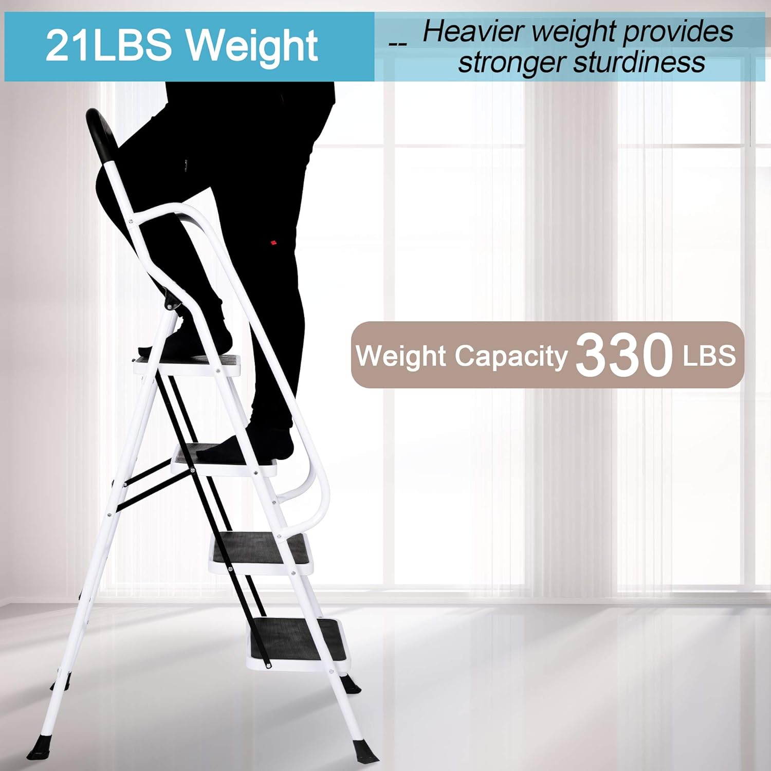 Sturdy 2 Step Ladder Folding Step Stool Heavy Duty Metal Ladders with Handle, 330 lbs Capacity