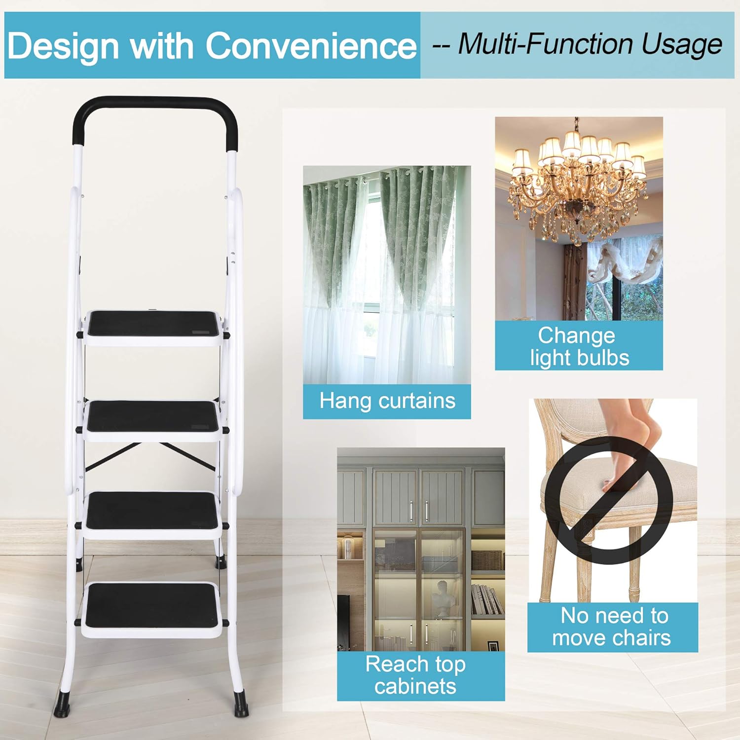 Sturdy 2 Step Ladder Folding Step Stool Heavy Duty Metal Ladders with Handle, 330 lbs Capacity