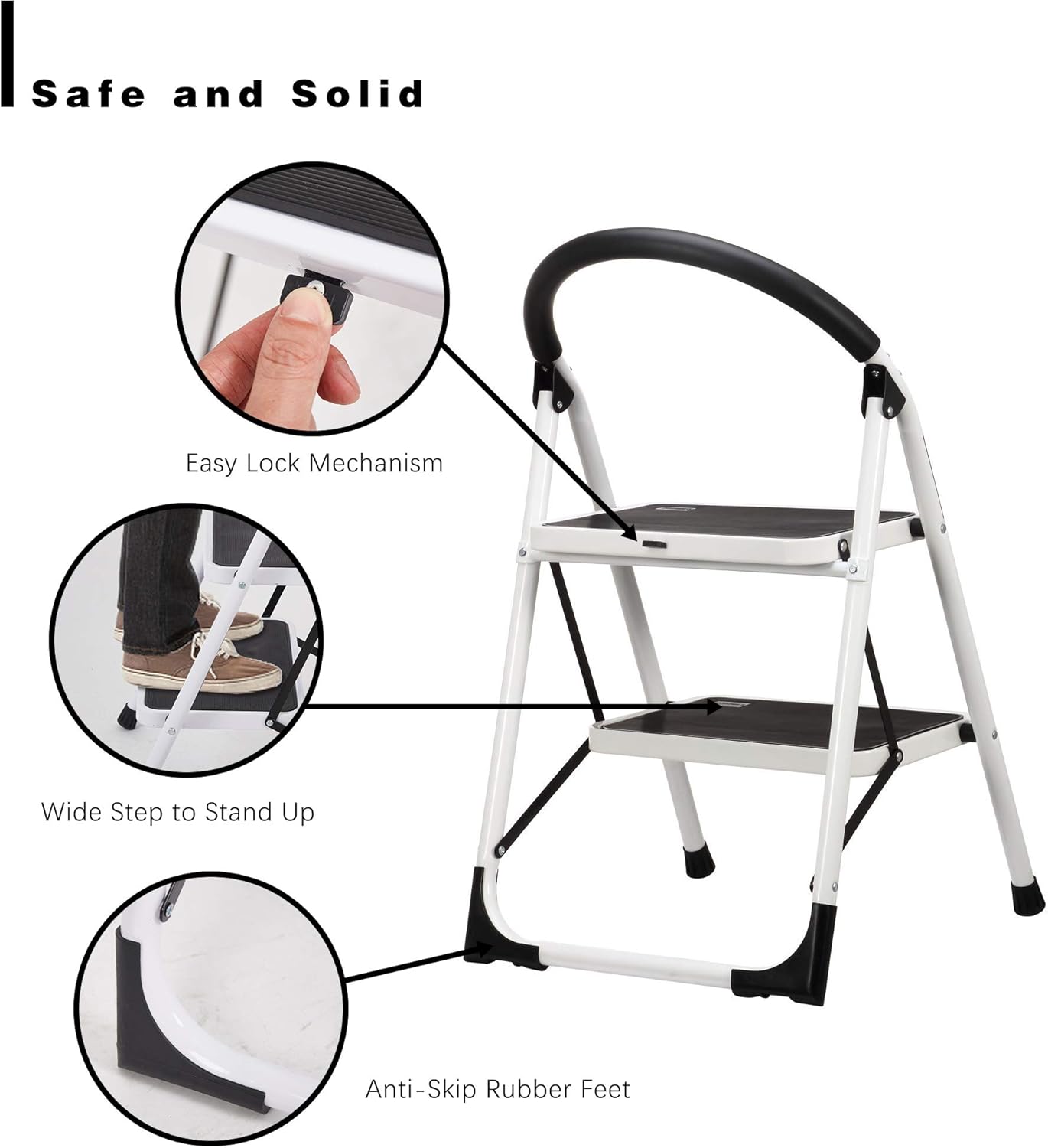 Sturdy 2 Step Ladder Folding Step Stool Heavy Duty Metal Ladders with Handle, 330 lbs Capacity
