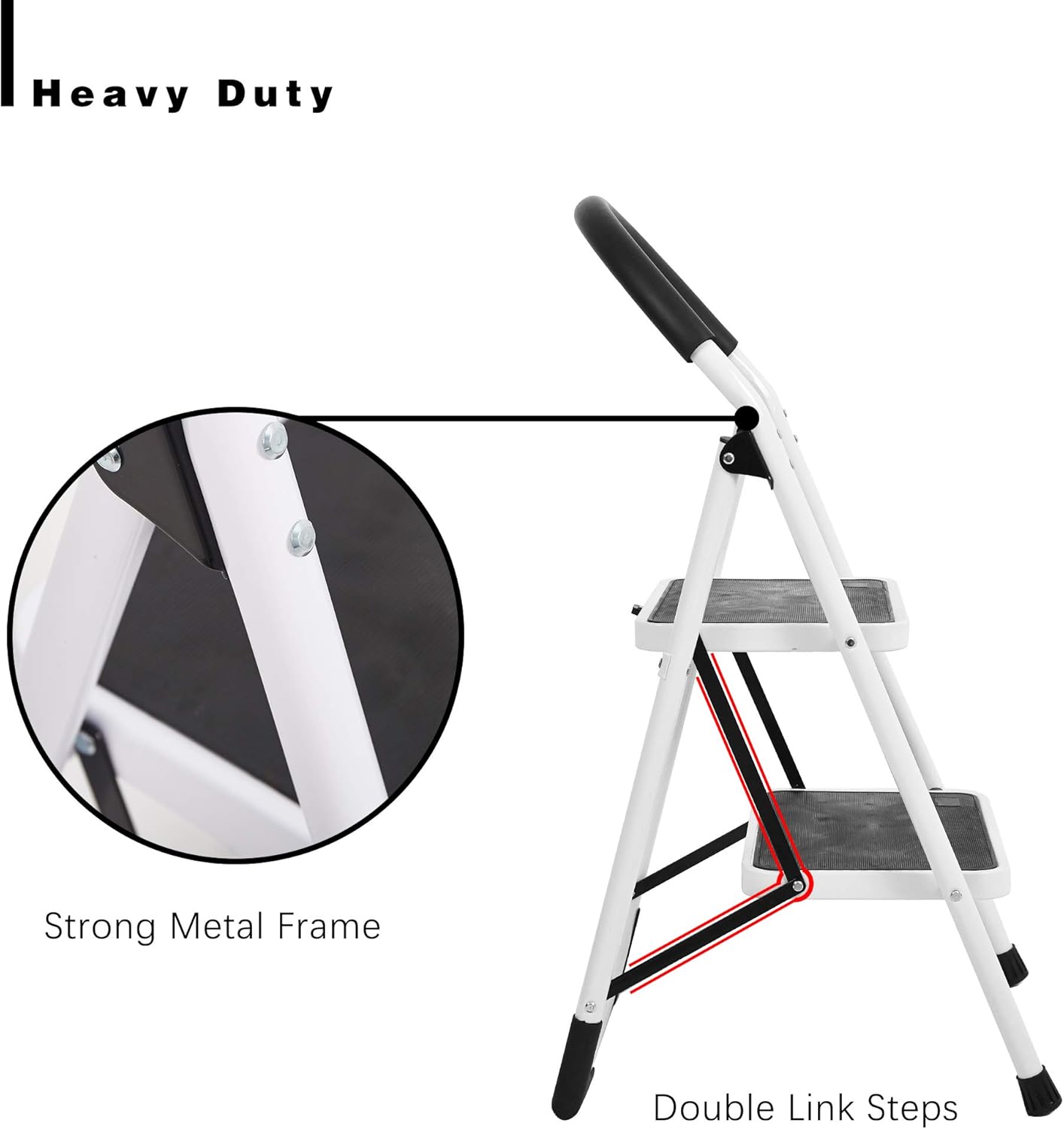 Sturdy 2 Step Ladder Folding Step Stool Heavy Duty Metal Ladders with Handle, 330 lbs Capacity