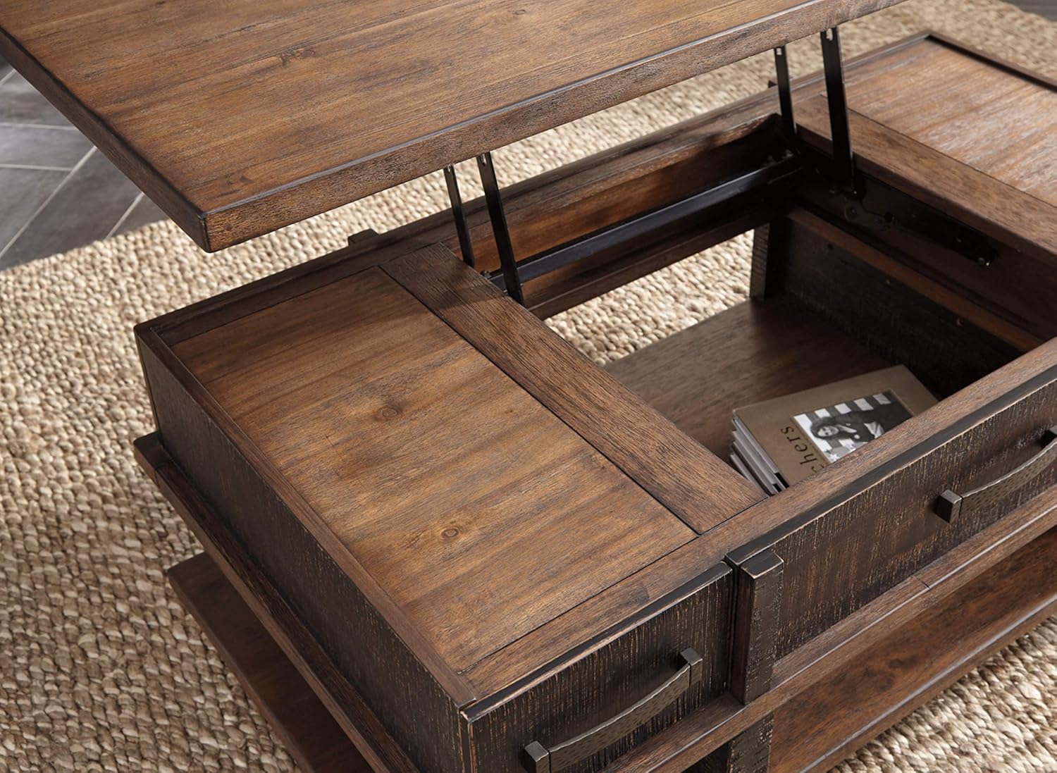 Signature Design by Ashley Stanah Rustic Chair Side End Table with 2 Outlets & 2 USB Charging Ports, Two-Tone Brown