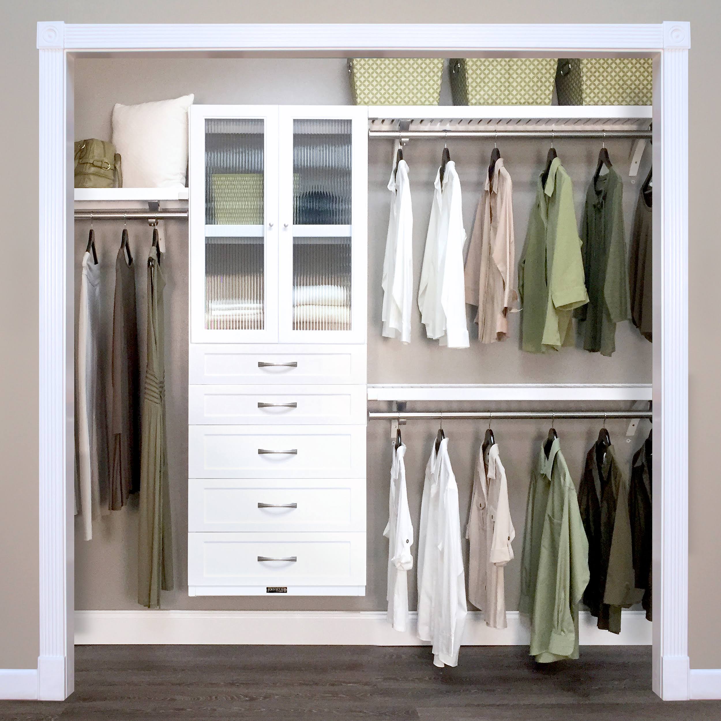 John Louis Home 12in. Deep Premier Woodcrest Closet Organizer - 5 Drawers (6 & 8in Deep) with Doors - White