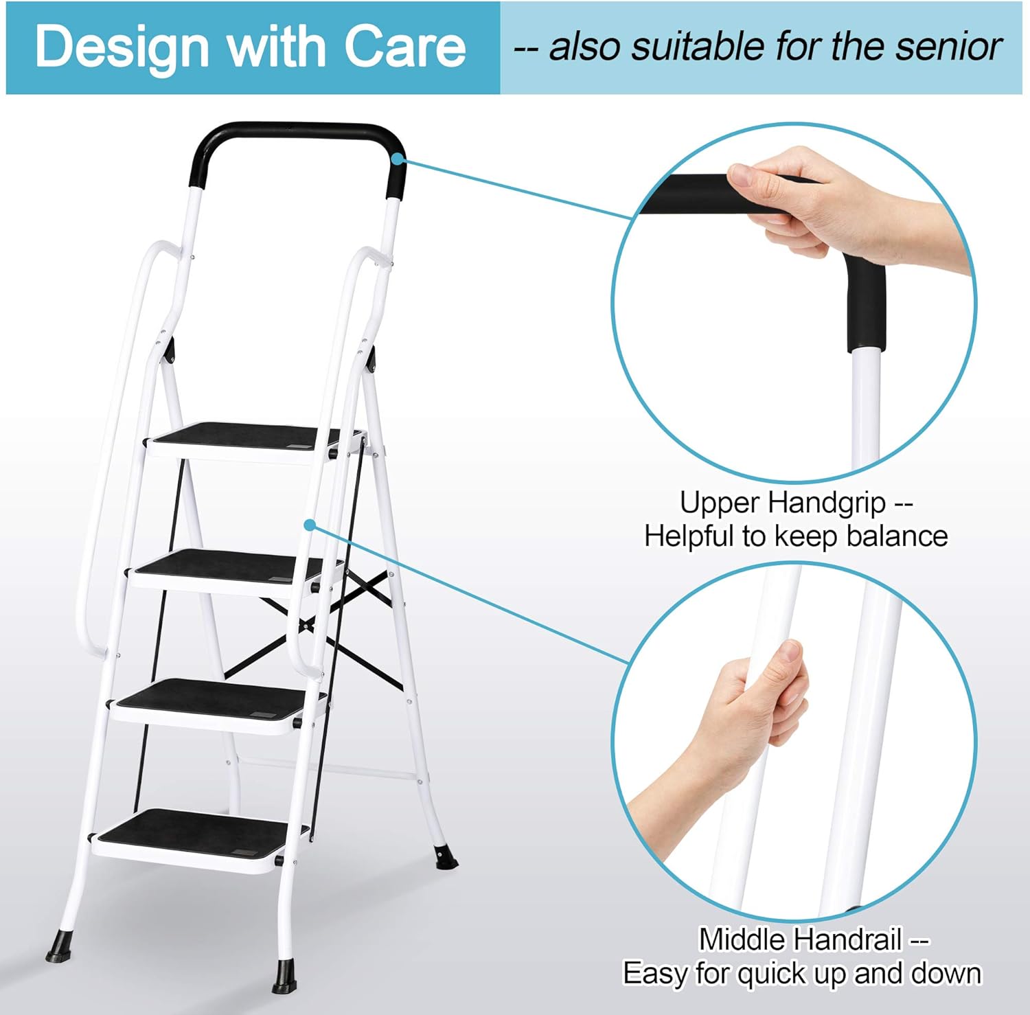 Sturdy 2 Step Ladder Folding Step Stool Heavy Duty Metal Ladders with Handle, 330 lbs Capacity