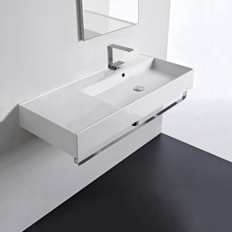 White Ceramic Rectangular Wall Mount Bathroom Sink with Overflow