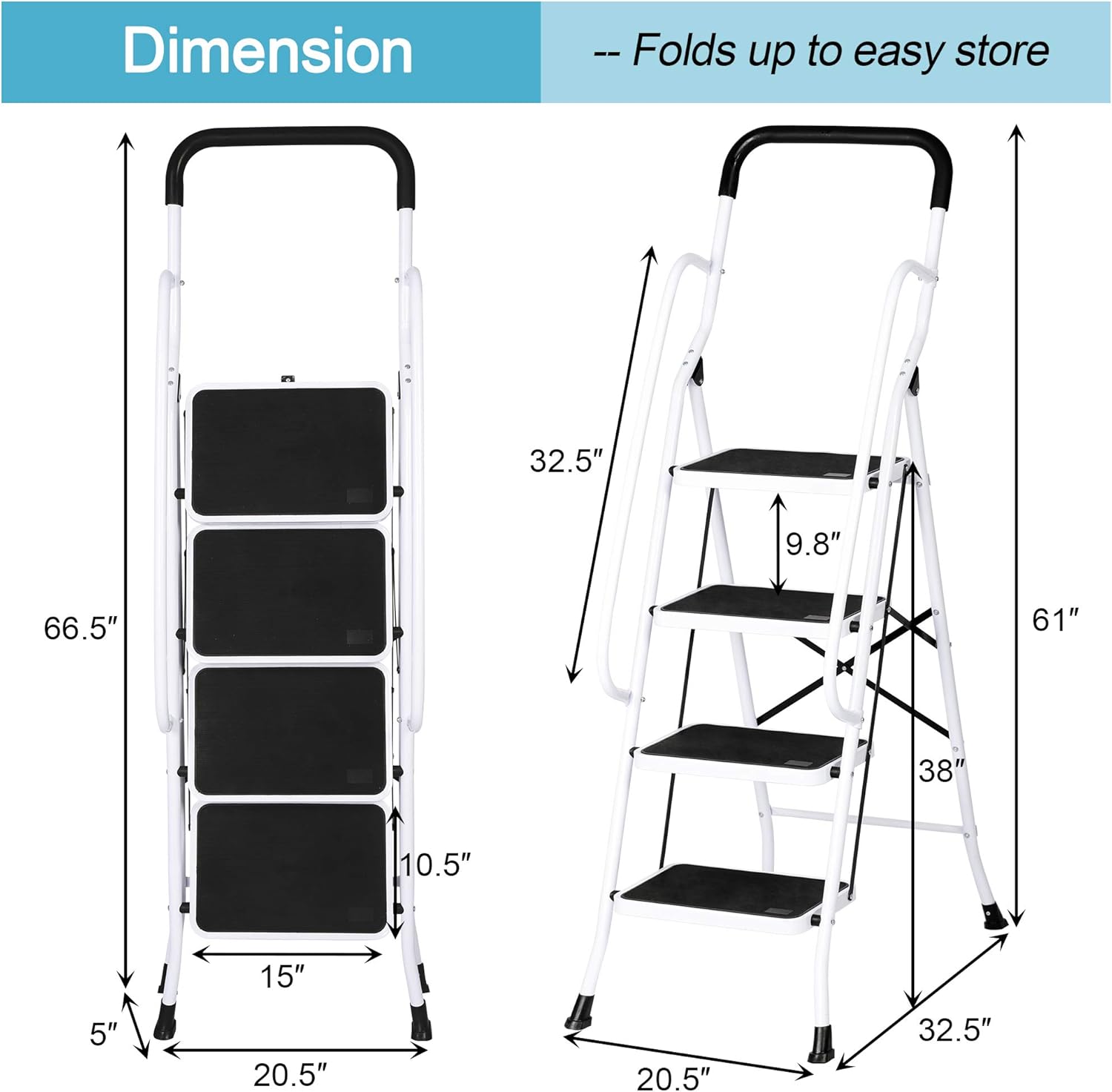 Sturdy 2 Step Ladder Folding Step Stool Heavy Duty Metal Ladders with Handle, 330 lbs Capacity
