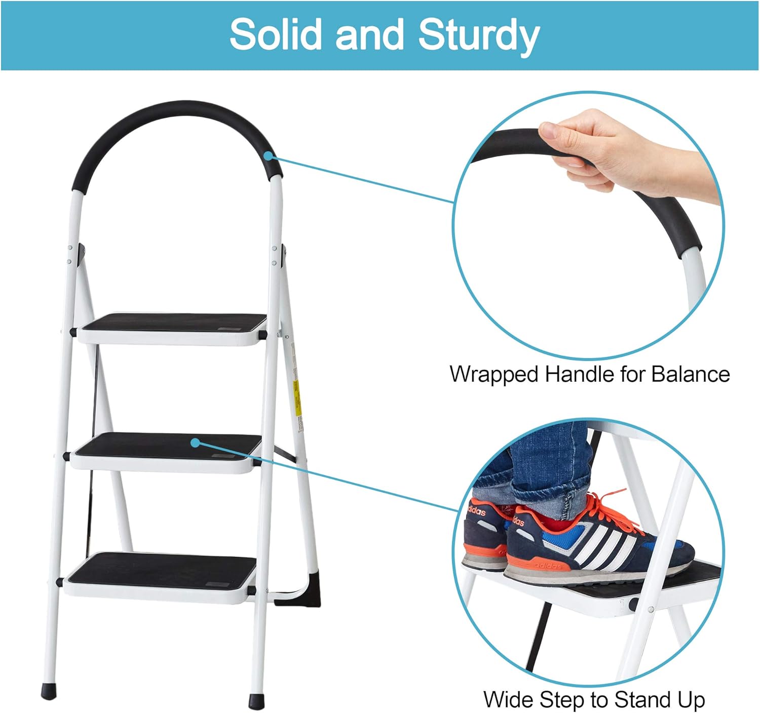 Sturdy 2 Step Ladder Folding Step Stool Heavy Duty Metal Ladders with Handle, 330 lbs Capacity