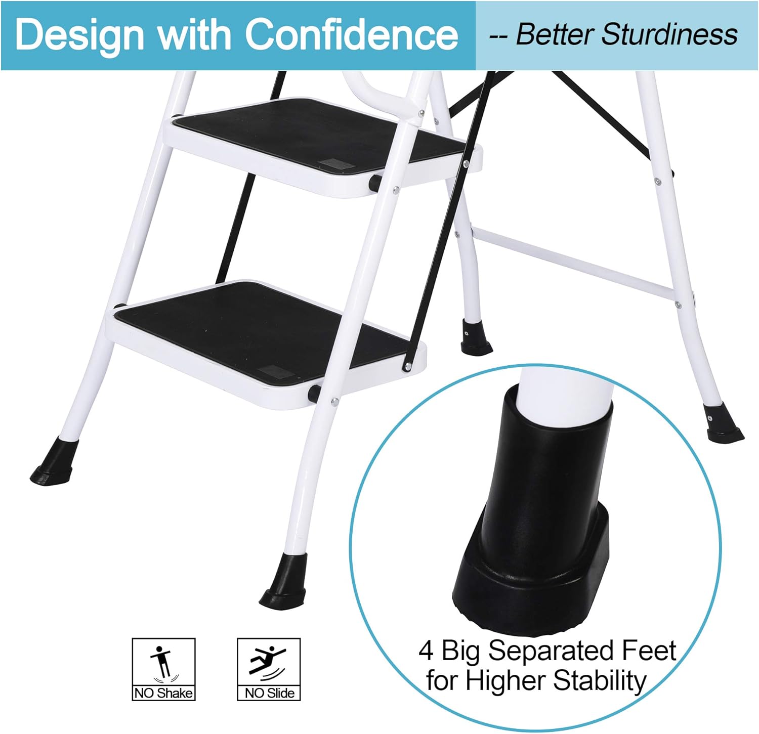 Sturdy 2 Step Ladder Folding Step Stool Heavy Duty Metal Ladders with Handle, 330 lbs Capacity