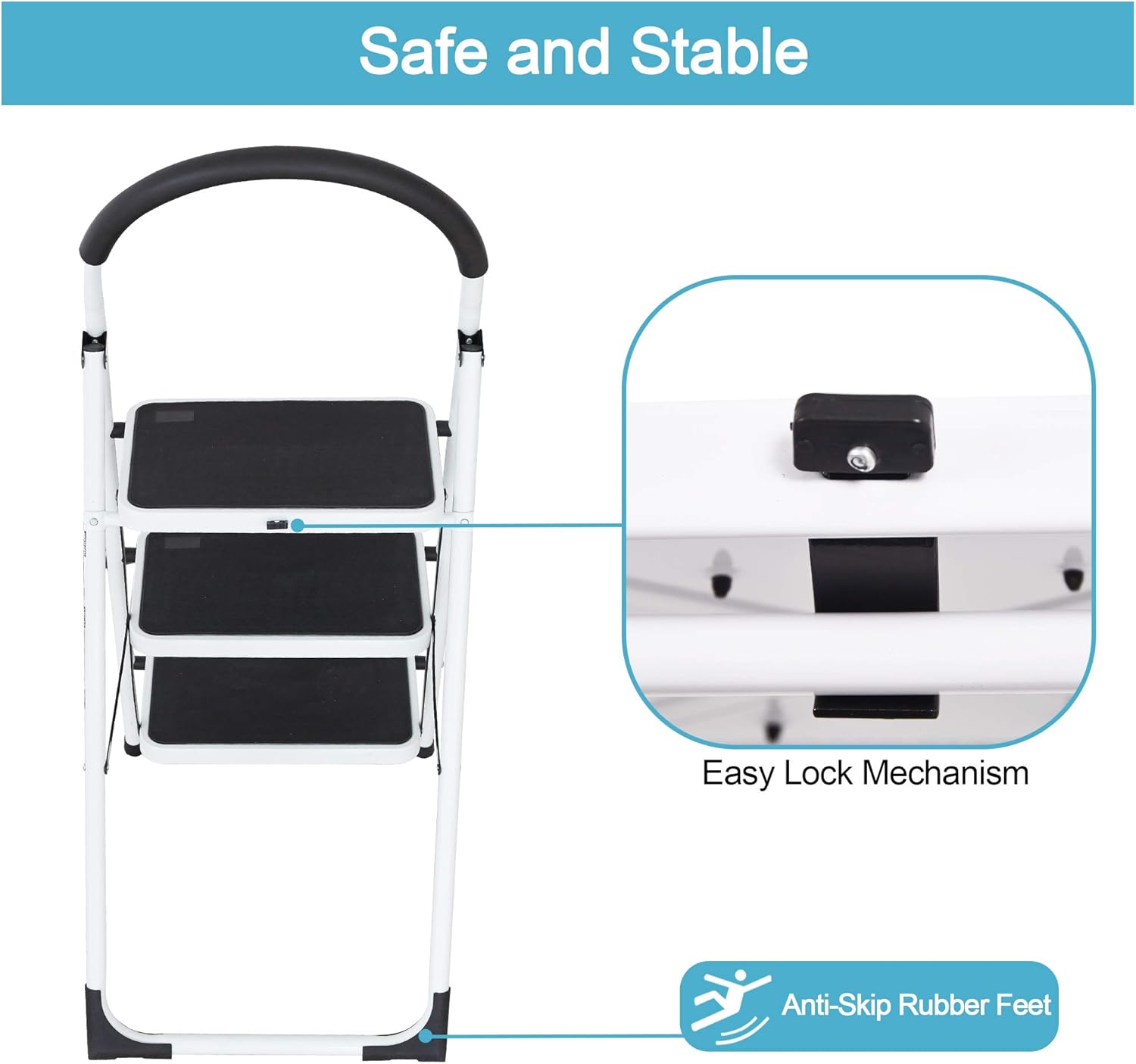 Sturdy 2 Step Ladder Folding Step Stool Heavy Duty Metal Ladders with Handle, 330 lbs Capacity