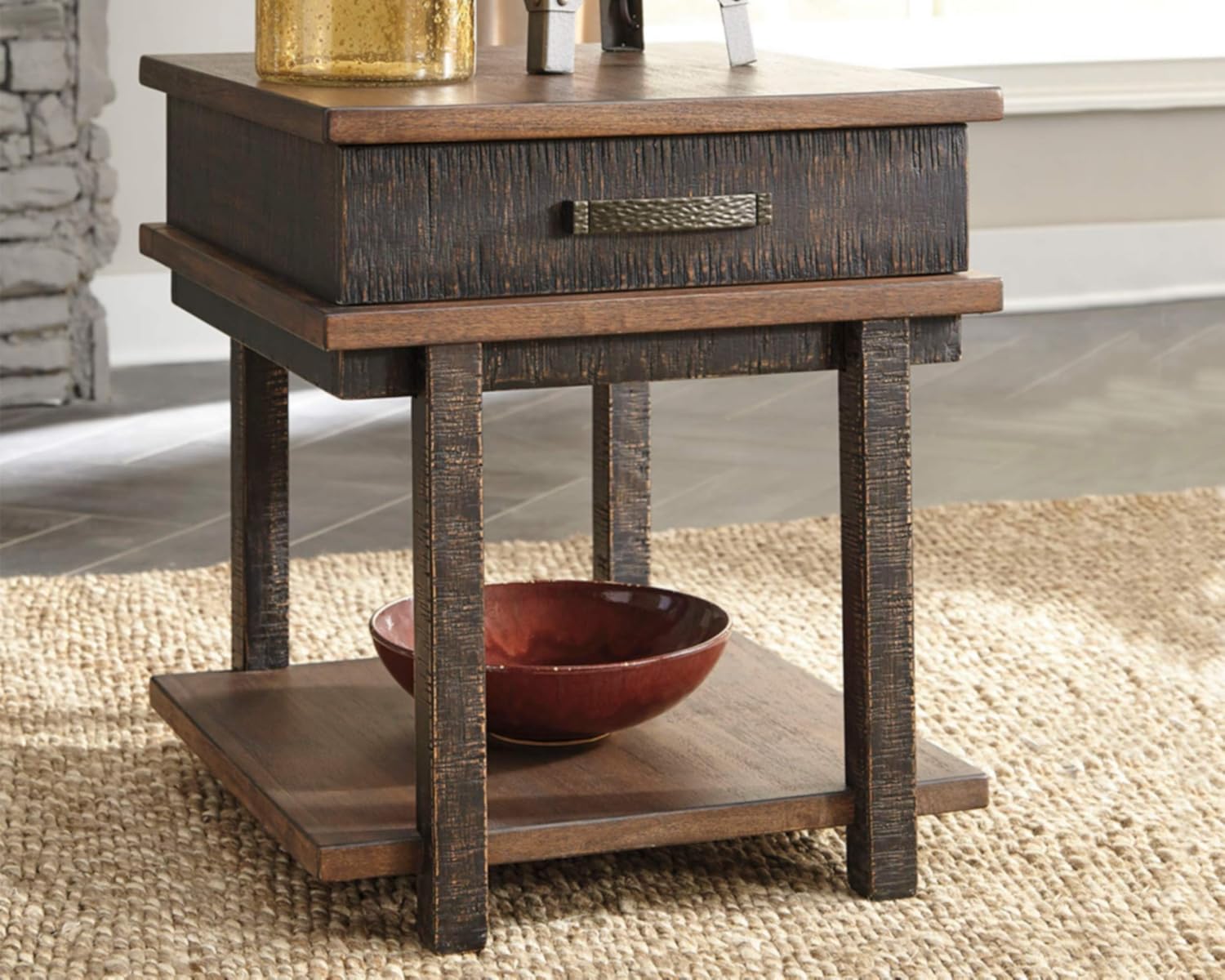 Signature Design by Ashley Stanah Rustic Chair Side End Table with 2 Outlets & 2 USB Charging Ports, Two-Tone Brown