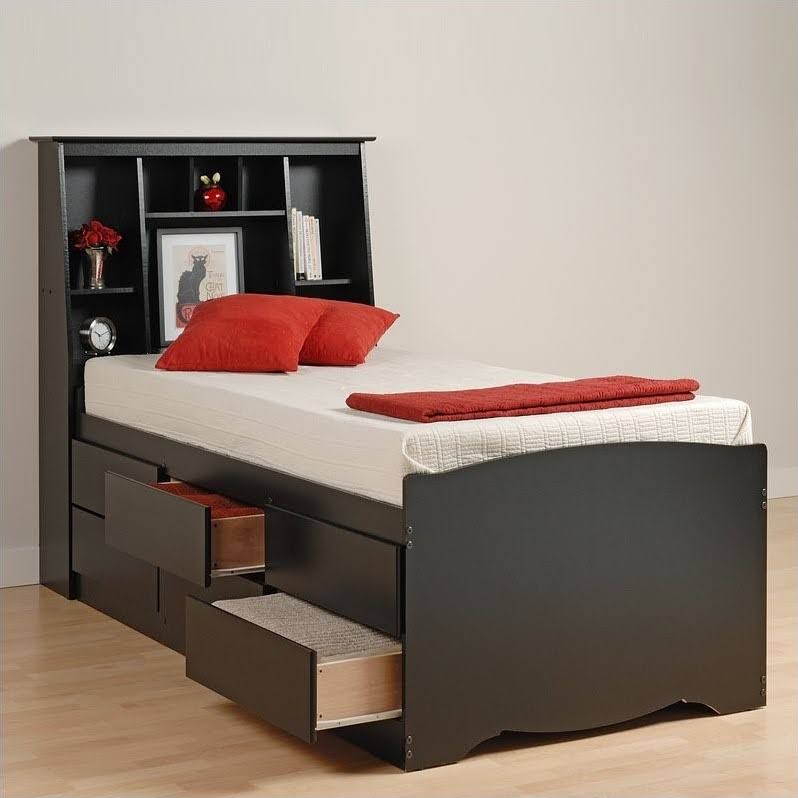 Prepac Black Sonoma Tall Queen Bookcase Platform Storage Bed