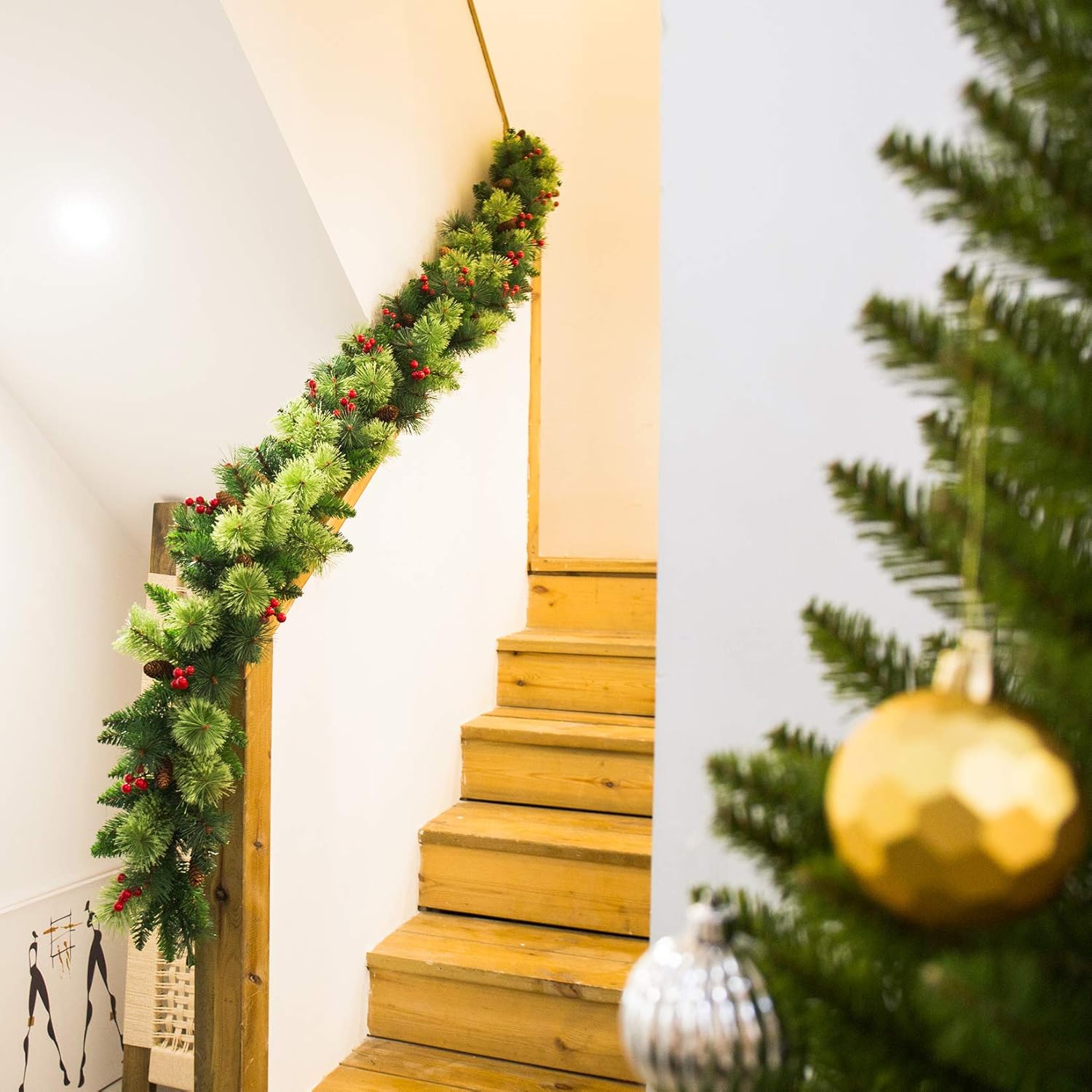 Senjie Artificial Christmas Garland with Pine Cones and Red Berries,9 Foot by 10 Inch Xms Decorations Unlit