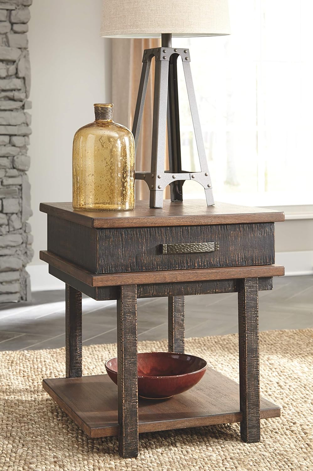 Signature Design by Ashley Stanah Rustic Chair Side End Table with 2 Outlets & 2 USB Charging Ports, Two-Tone Brown