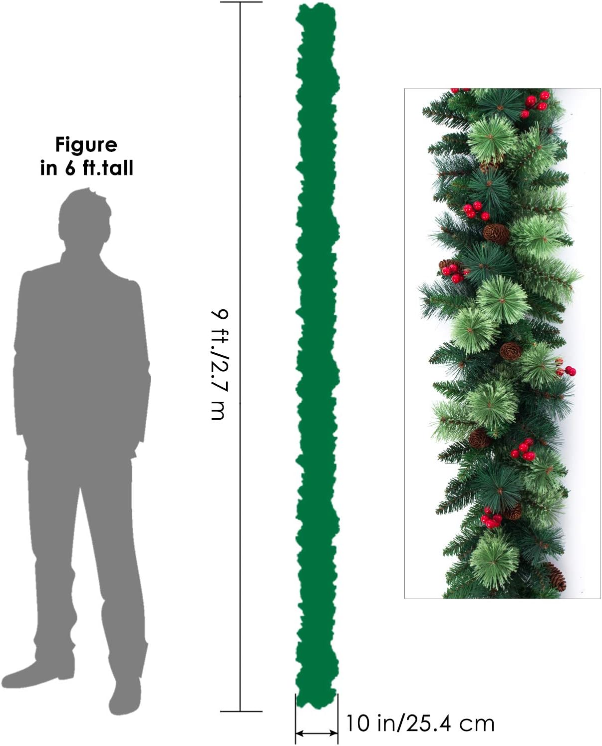 Senjie Artificial Christmas Garland with Pine Cones and Red Berries,9 Foot by 10 Inch Xms Decorations Unlit