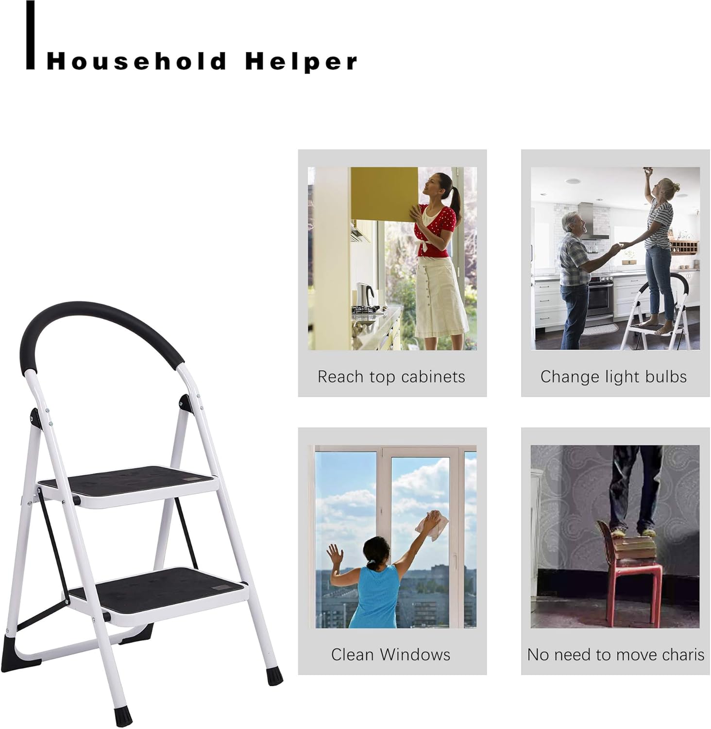 Sturdy 2 Step Ladder Folding Step Stool Heavy Duty Metal Ladders with Handle, 330 lbs Capacity