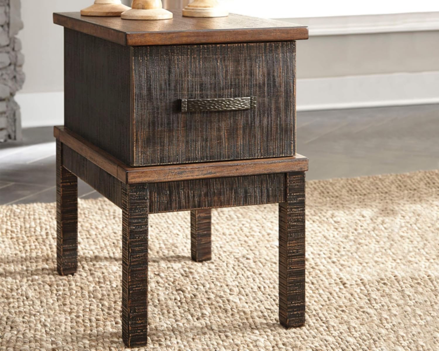Signature Design by Ashley Stanah Rustic Chair Side End Table with 2 Outlets & 2 USB Charging Ports, Two-Tone Brown