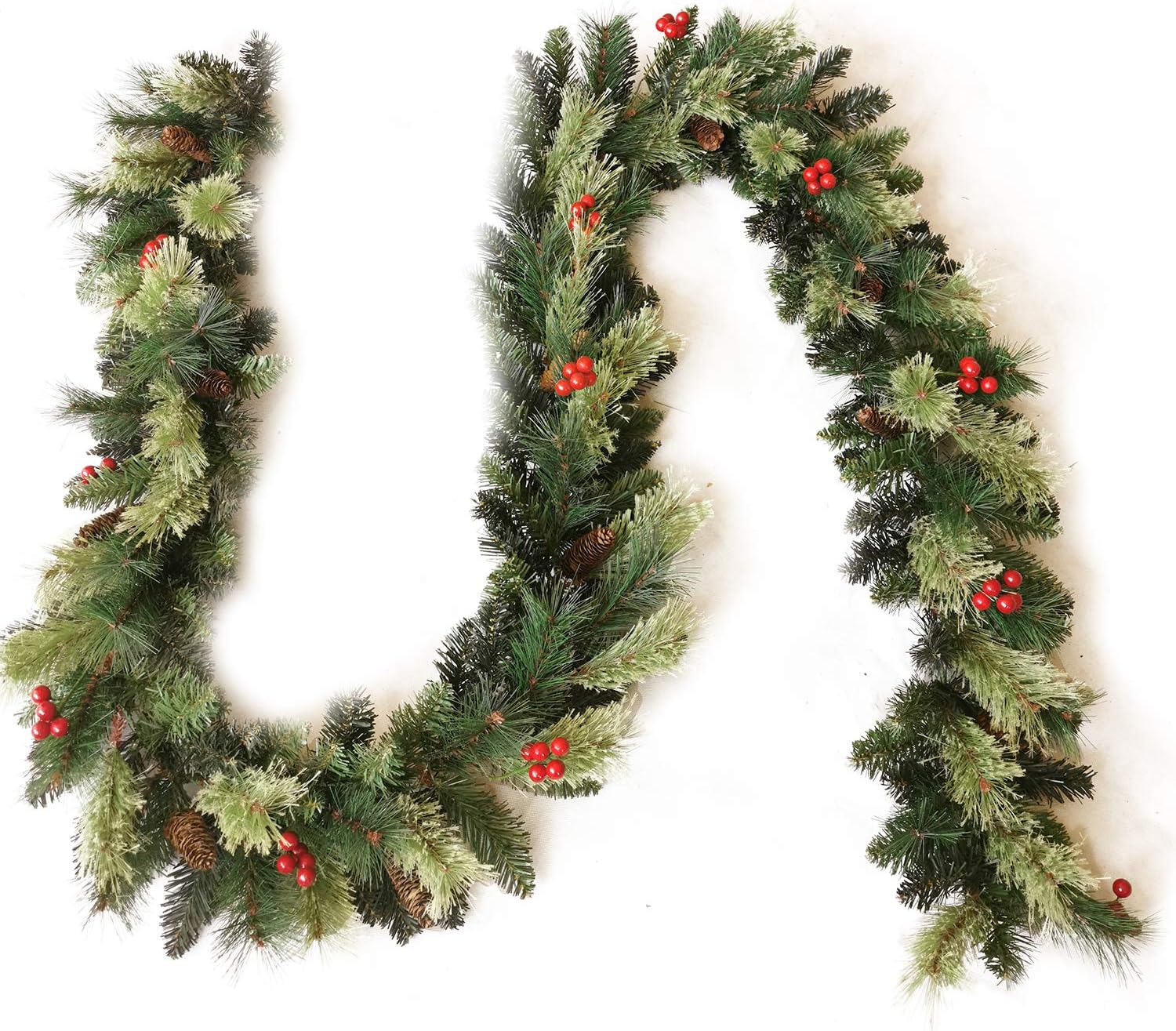 Senjie Artificial Christmas Garland with Pine Cones and Red Berries,9 Foot by 10 Inch Xms Decorations Unlit