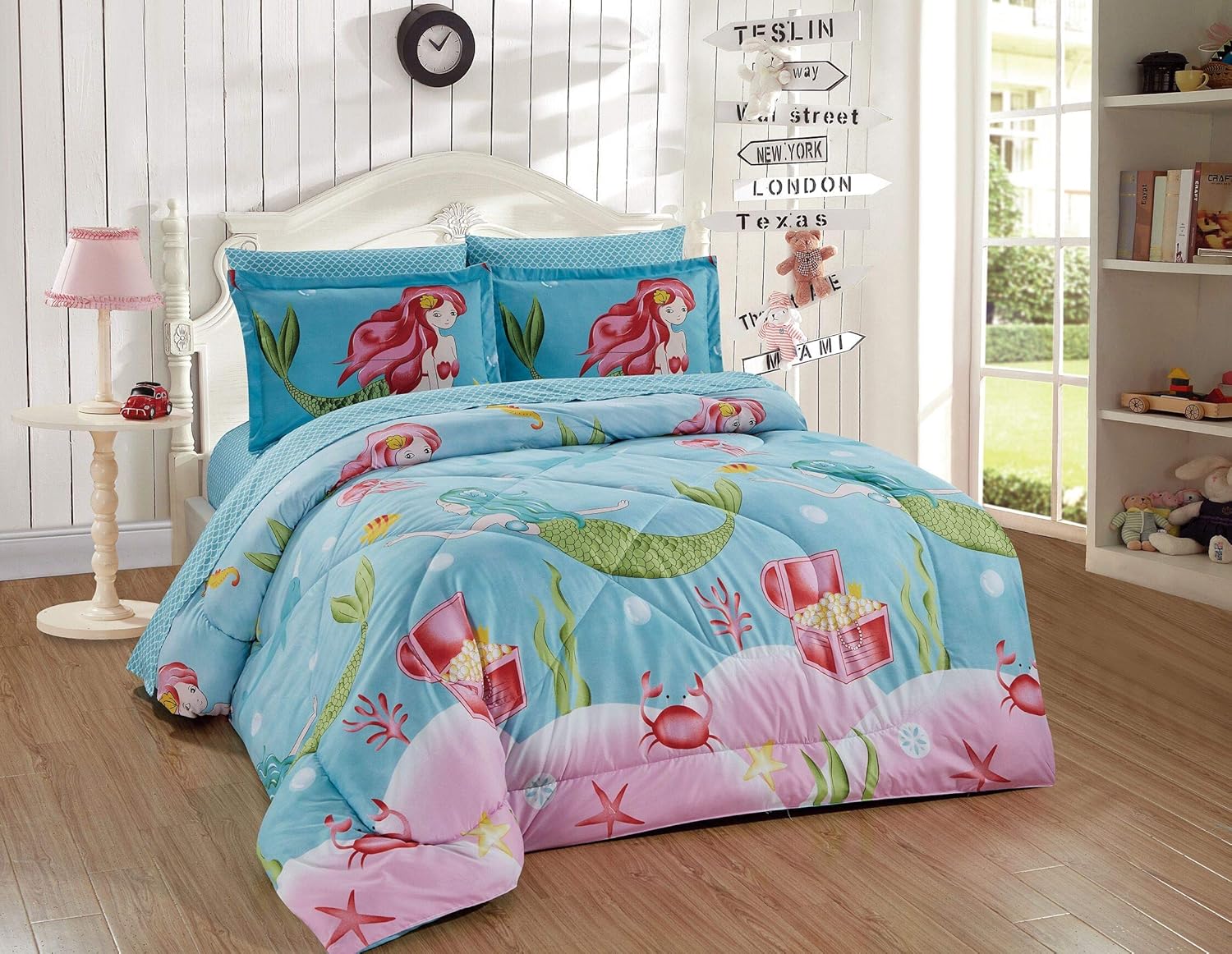 Home Collection Queen Size Comforter and sheet Set Mermaid Treasure Sea Life Sea Stars Jewelry for Girls/Teens Aqua Blue Pink Green Princess of The sea New
