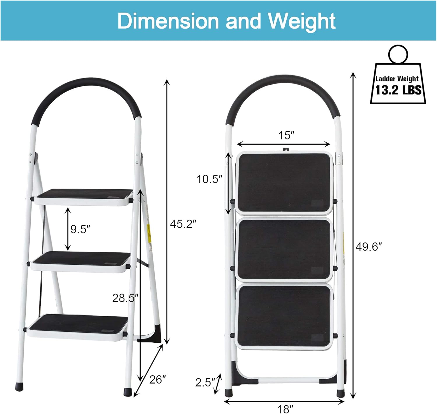 Sturdy 2 Step Ladder Folding Step Stool Heavy Duty Metal Ladders with Handle, 330 lbs Capacity