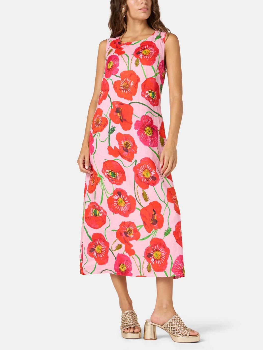 Scarlet Blooms Linen Dress