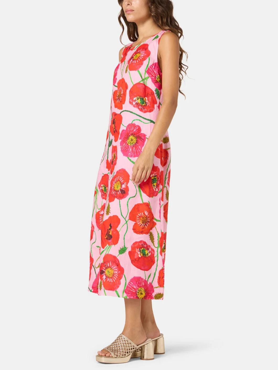 Scarlet Blooms Linen Dress