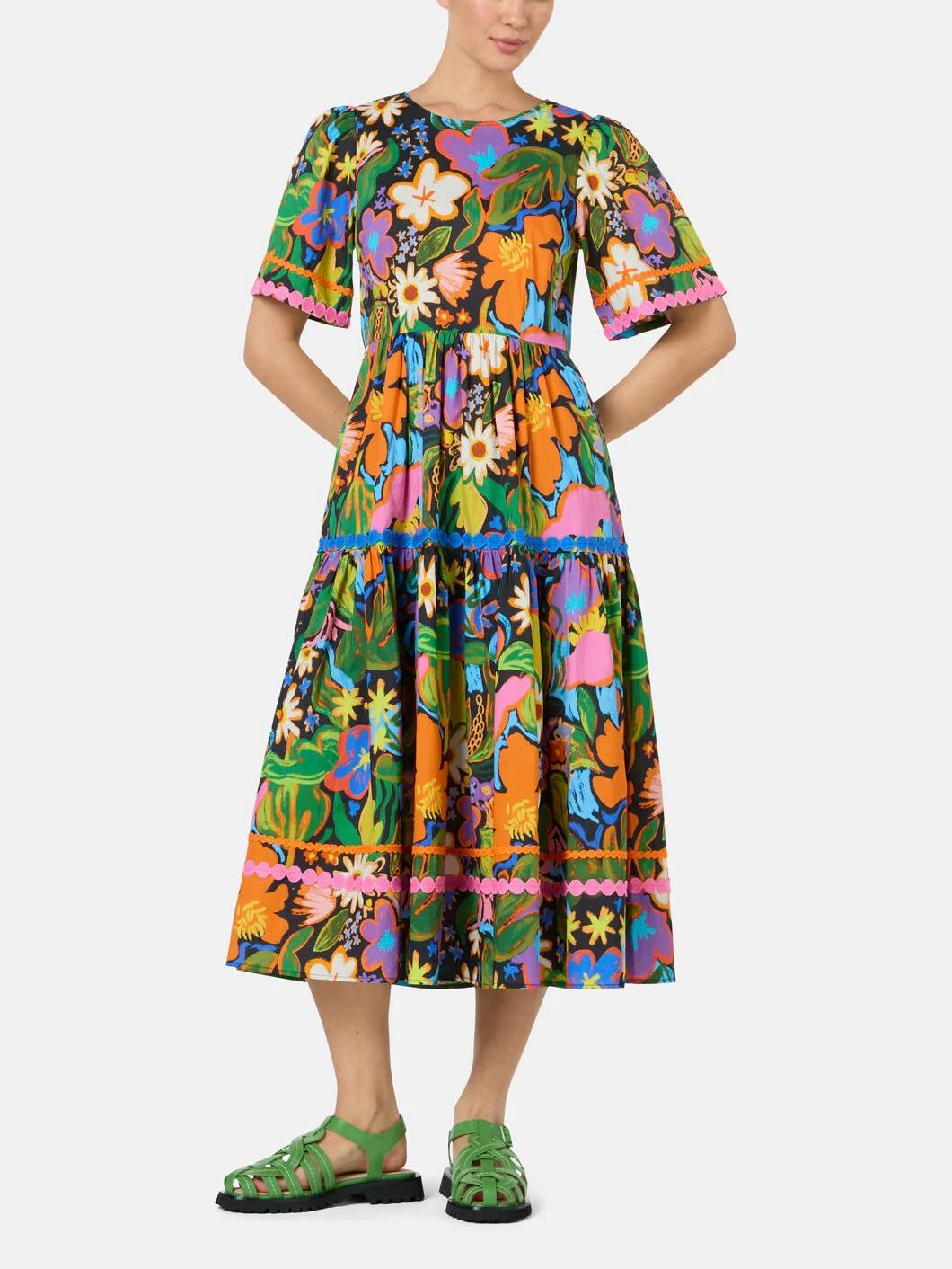 Midnight Floral Tiered Midi Dress